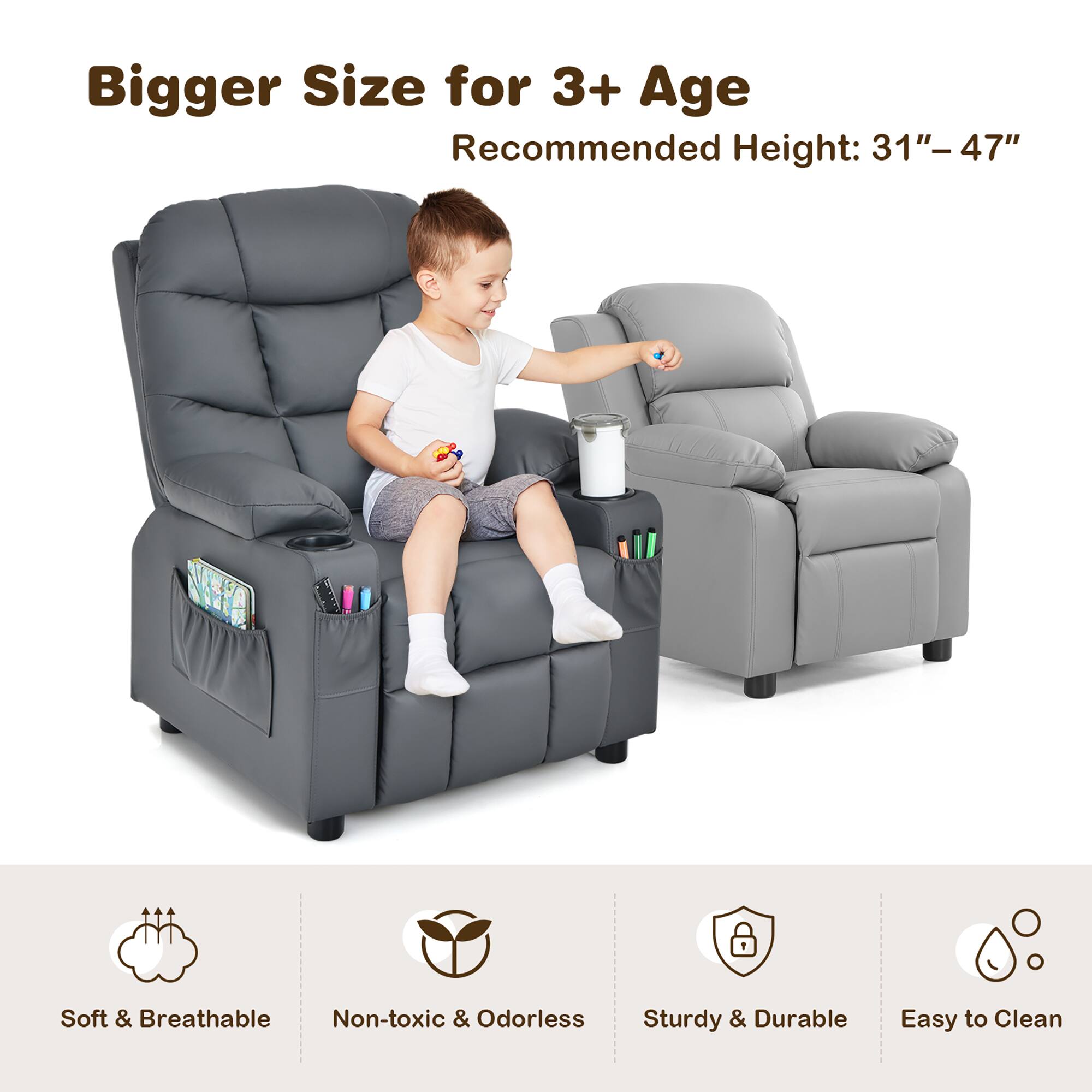 Bigger Size for 3+ Age  
Recommended Height: 31" – 47"  

Soft & Breathable  
Non-toxic & Odorless  
Sturdy & Durable  
Easy to Clean