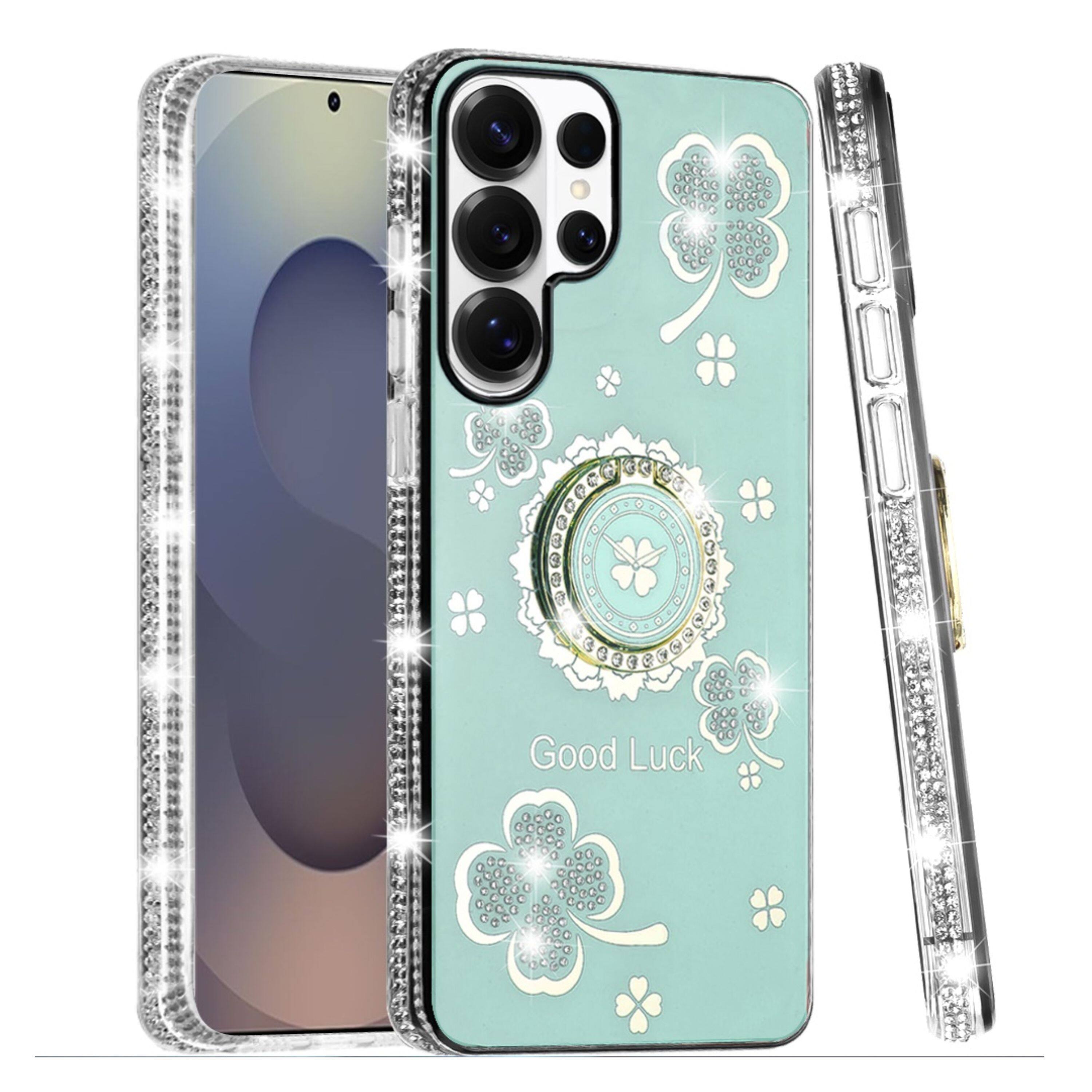 Kitcheniva - Crystal Studded Ring Stand Bling Design Phone Case With Tempered Glass For Samsung Galaxy S25 Ultra - Teal price history on PriceWatchPro