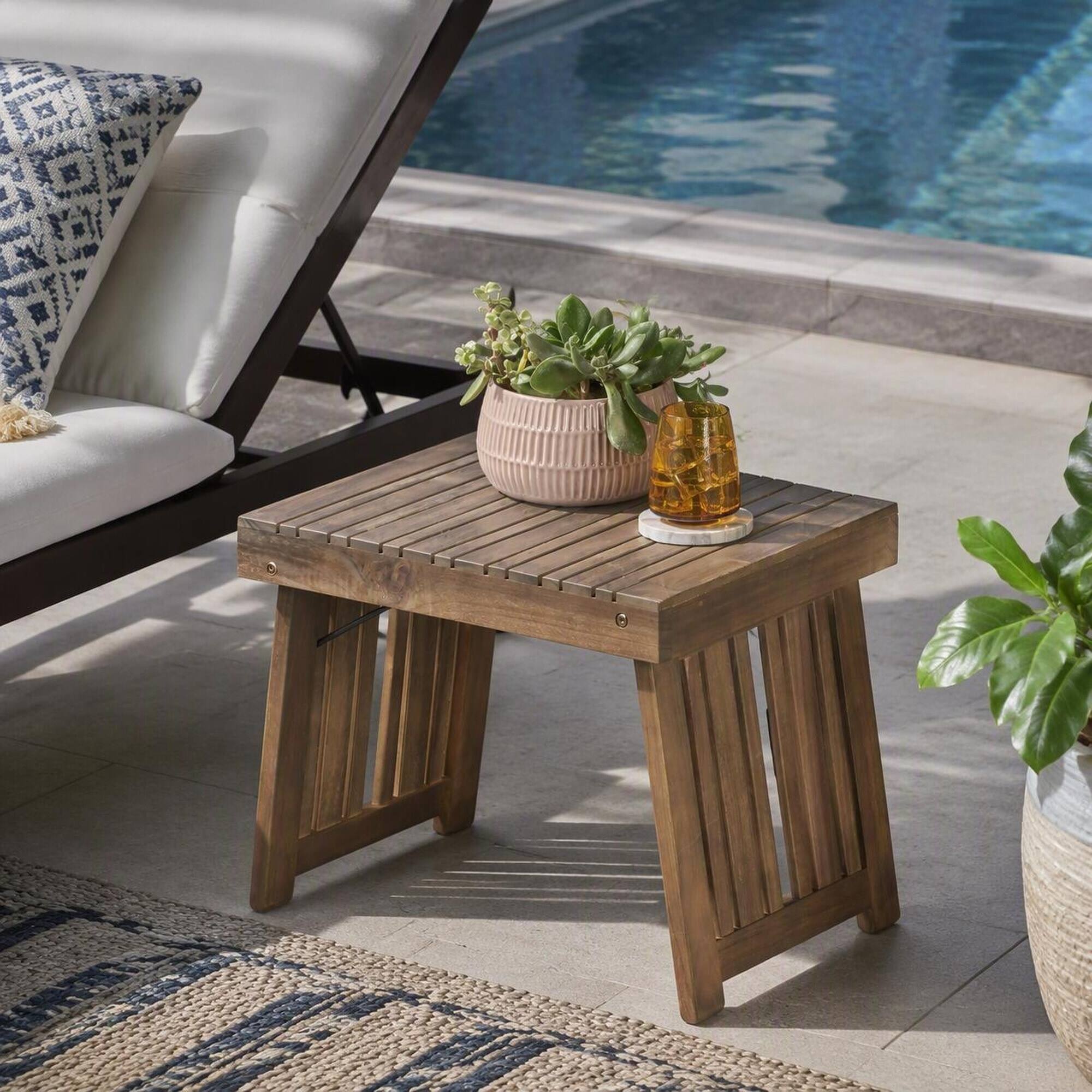 Alt View 1. RYHNUYNE - Solid Wood Outdoor Side Table, Grey Brown Slatted Patio End Table for Garden Backyard Porch Balcony - Grey.
