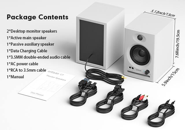 Package Contents

2*Desktop monitor speakers  
1*Active main speaker  
1*Passive auxiliary speaker  
1*Data Charging Cable  
1*3.5MM double-ended audio cable  
1*AC power cable  
1*RCA to 3.5mm cable  
1*Manual  

Monitor Speakers User Manual  
ortizan C7  

Dimensions:  
5.12inch/13cm  
7.68inch/19.5cm  
5.9inch/15cm