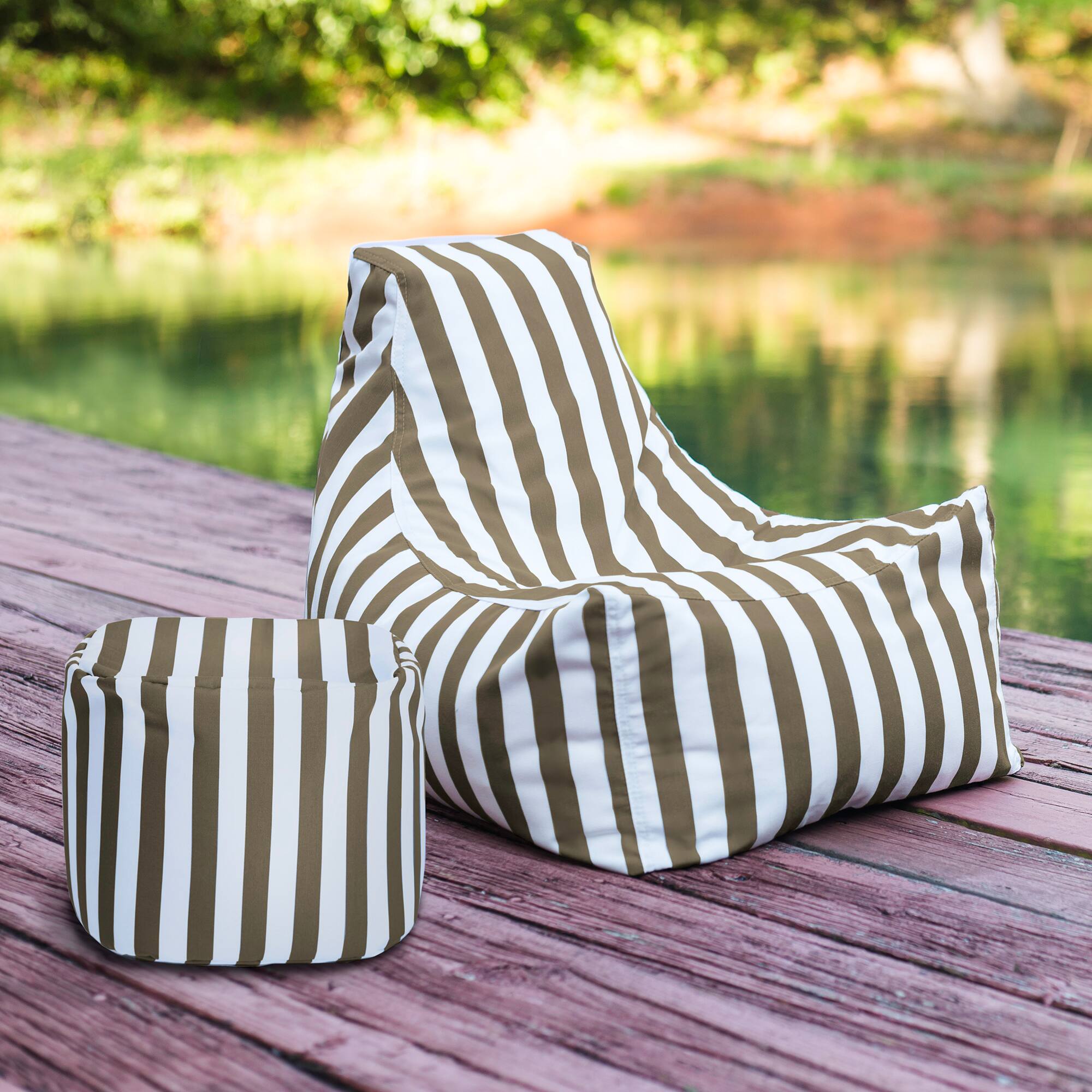 Angle. Jaxx - Jaxx Juniper Jr Outdoor Kids Bean Bag Chair / Childrens Garden Chair, Taupe Stripes - Taupe Stripes.