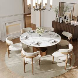 POVISON - 59" White Round Matte Sintered Stone Dining Table with Bronze U-shaped Steel Base - White Matte Sintered Stone with Bronze Steel Base