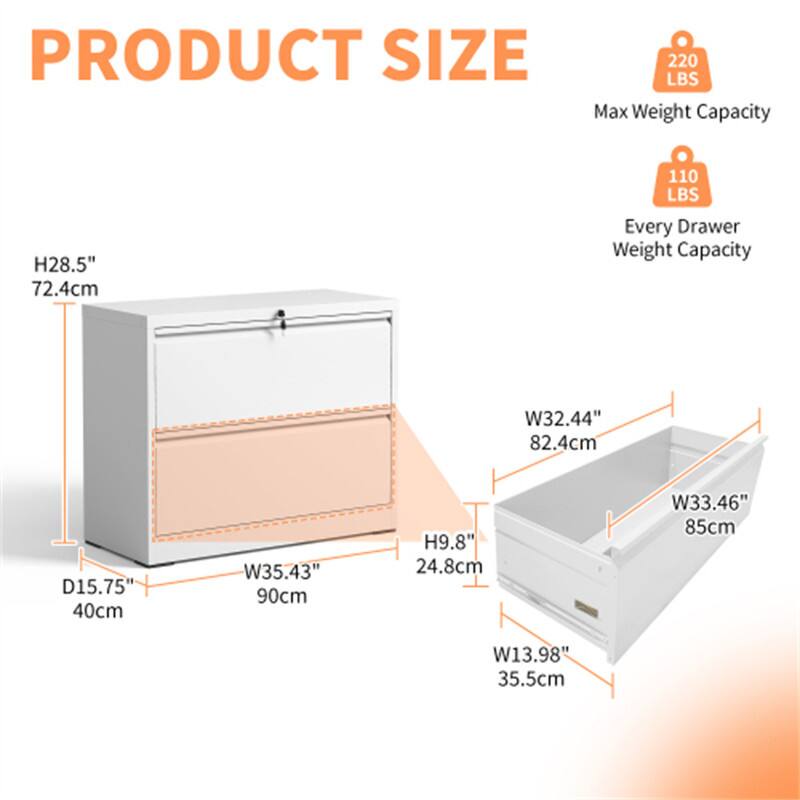 PRODUCT SIZE  
Max Weight Capacity: 220 LBS  
Every Drawer Weight Capacity: 110 LBS  

H28.5" 72.4cm  
W35.43" 90cm  
D15.75" 40cm  

Drawer Dimensions:  
W32.44" 82.4cm  
H9.8" 24.8cm  
W33.46" 85cm  
W13.98" 35.5cm