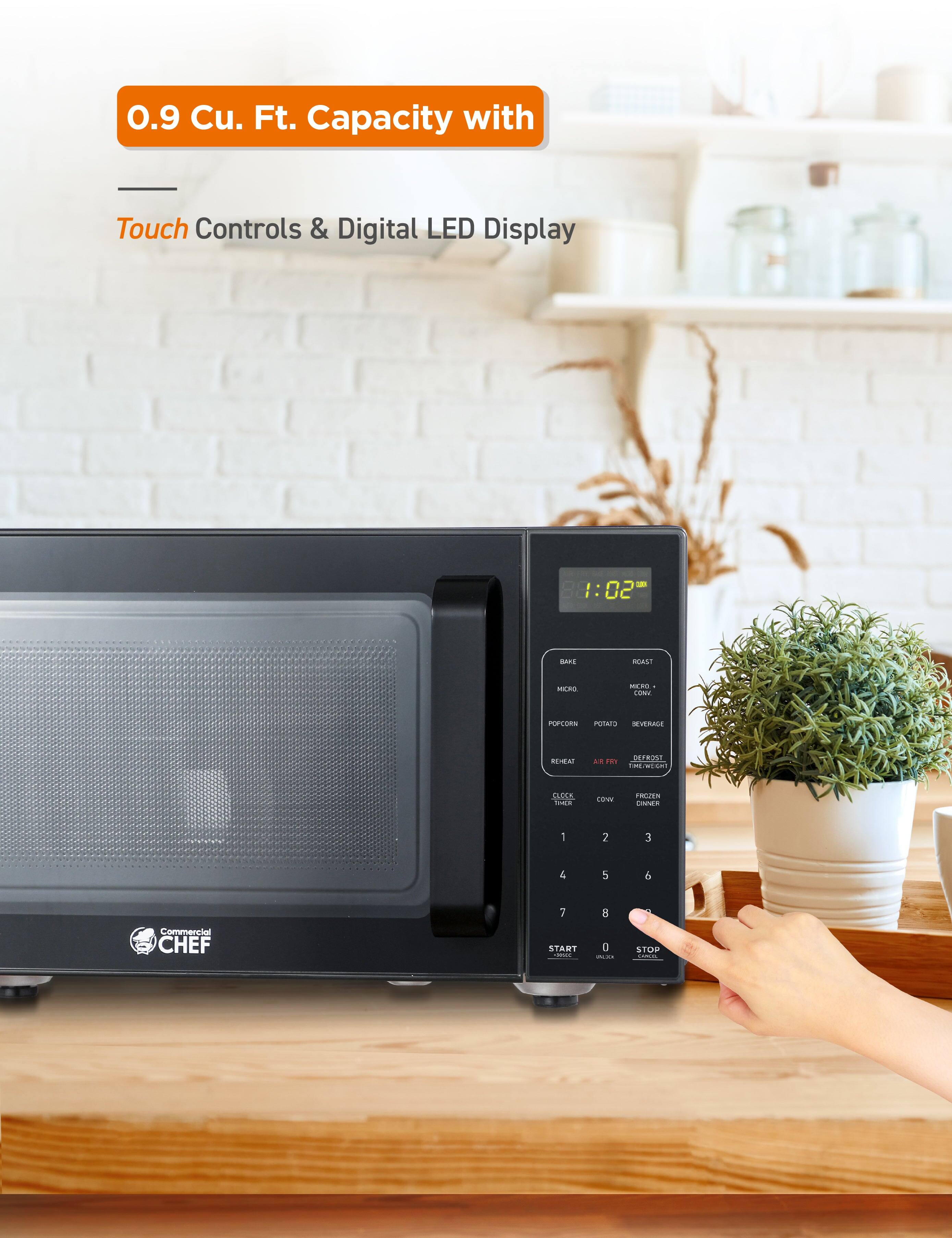 0.9 Cu. Ft. Capacity with Touch Controls & Digital LED Display 1:02" BAKE ROAST MICRO POPCORN POTATO BEVERAGE REHEAT AIR FRY DEFROST TIME/WEIGHT CLOCK CONV FROZEN DINNER 1 2 3 4 5 6 7 8 Commercial CHEF START - STOP -