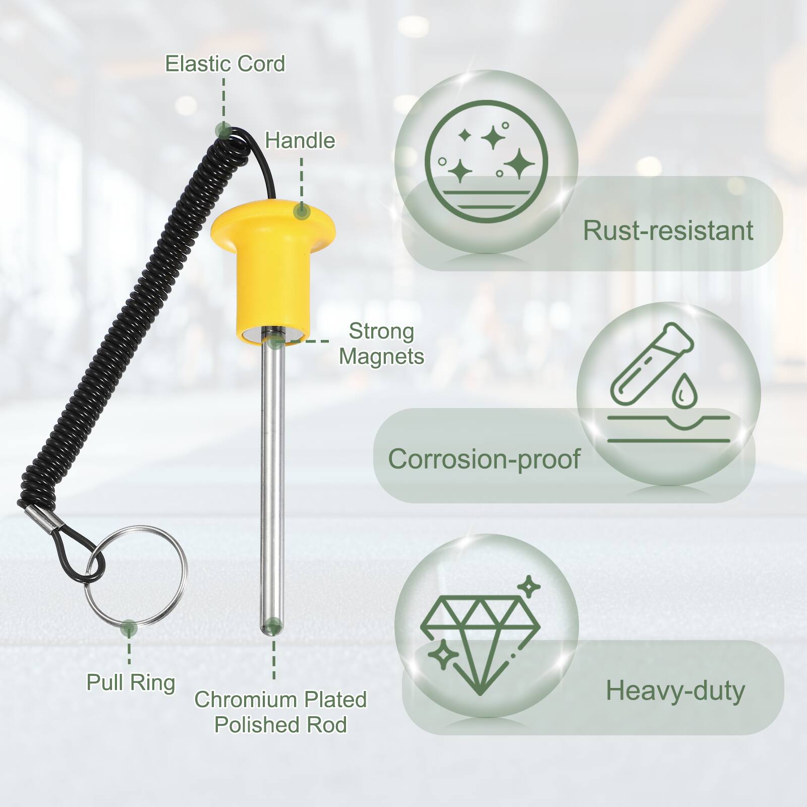 Elastic Cord Handle  
Rust-resistant  
Strong Magnets  
Corrosion-proof  
Pull Ring  
Chromium Plated Polished Rod  
Heavy-duty