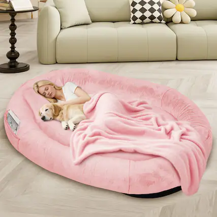Front. Furryfection - Oversize Faux Fur Human dog Bed with Pillow and Blanket - Pink.