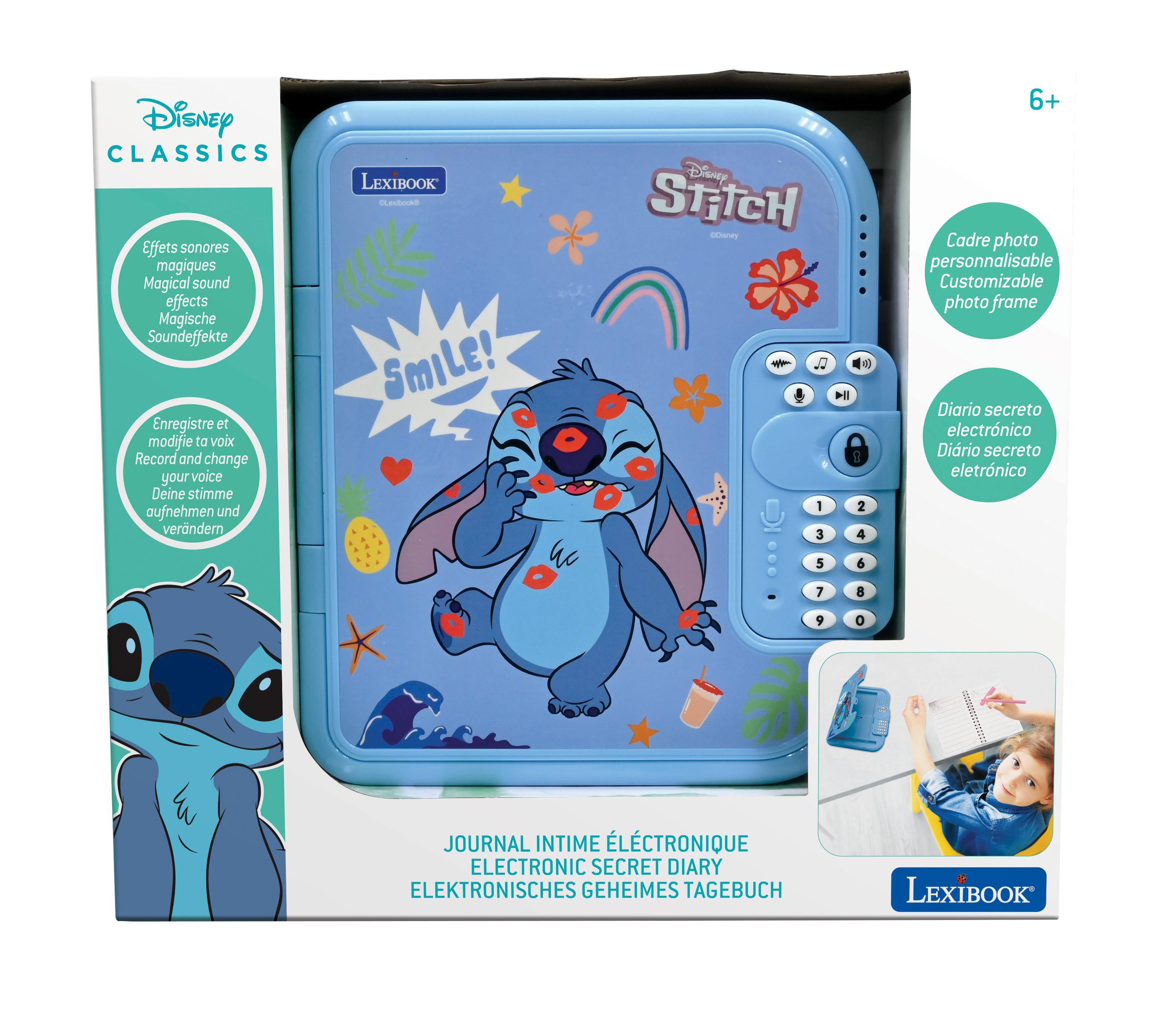 Disney CLASSICS  
Effets sonores magiques  
Magical sound effects  
Magische Soundeffekte  

Enregistre et modifie ta voix  
Record and change your voice  
Deine Stimme aufnehmen und verändern  

LEXIBOOK  
SmILE!  

Disney STITCH  

Cadre photo personnalisable  
Customizable photo frame  

Diario secreto electrónico  
Diario secreto electrónico  

JOURNAL INTIME ÉLECTRONIQUE  
ELECTRONIC SECRET DIARY  
ELEKTRONISCHES GEHEIMES TAGEBUCH  

6+