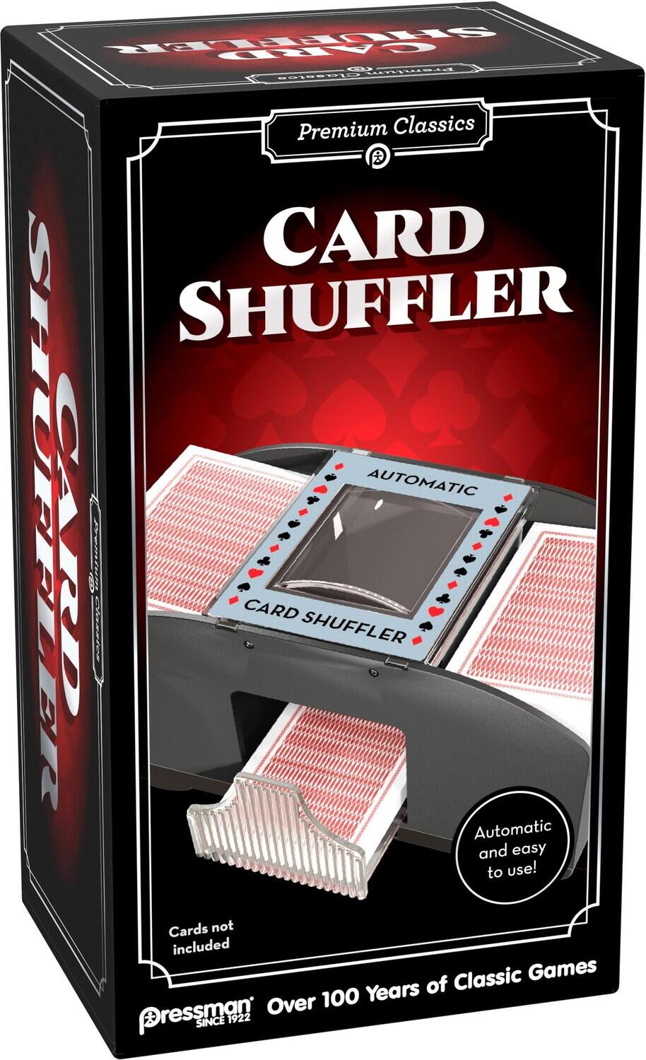 Premium Classics  
CARD SHUFFLER  
Automatic and easy to use!  
Cards not included  
Over 100 Years of Classic Games  
Pressman SINCE 1922