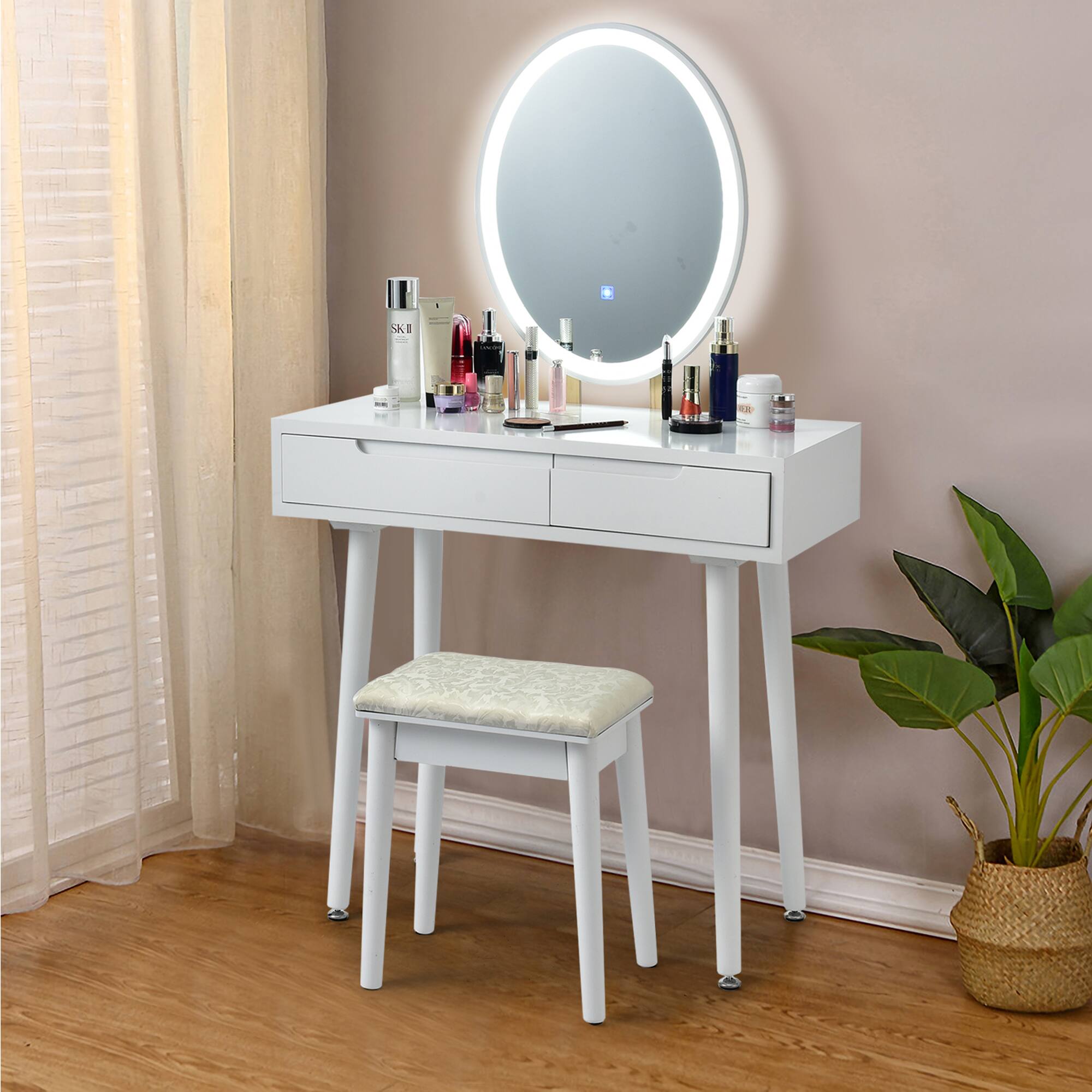 Alt View 2. Gymax - Gymax Makeup Vanity Dressing Table Set w/ Touch Screen Padded Stool White - White.