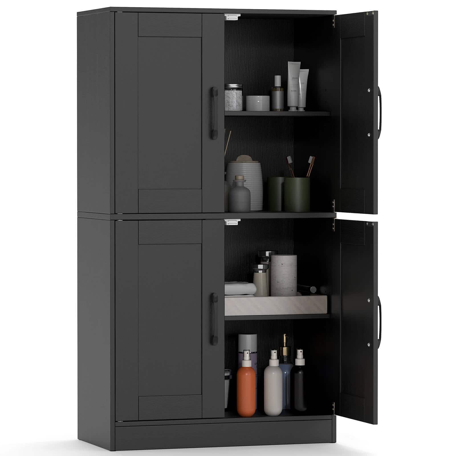 Costway - Bathroom Cabinet with Doors & Adjustable Shelves Storage Organizer for Living Room - Black
