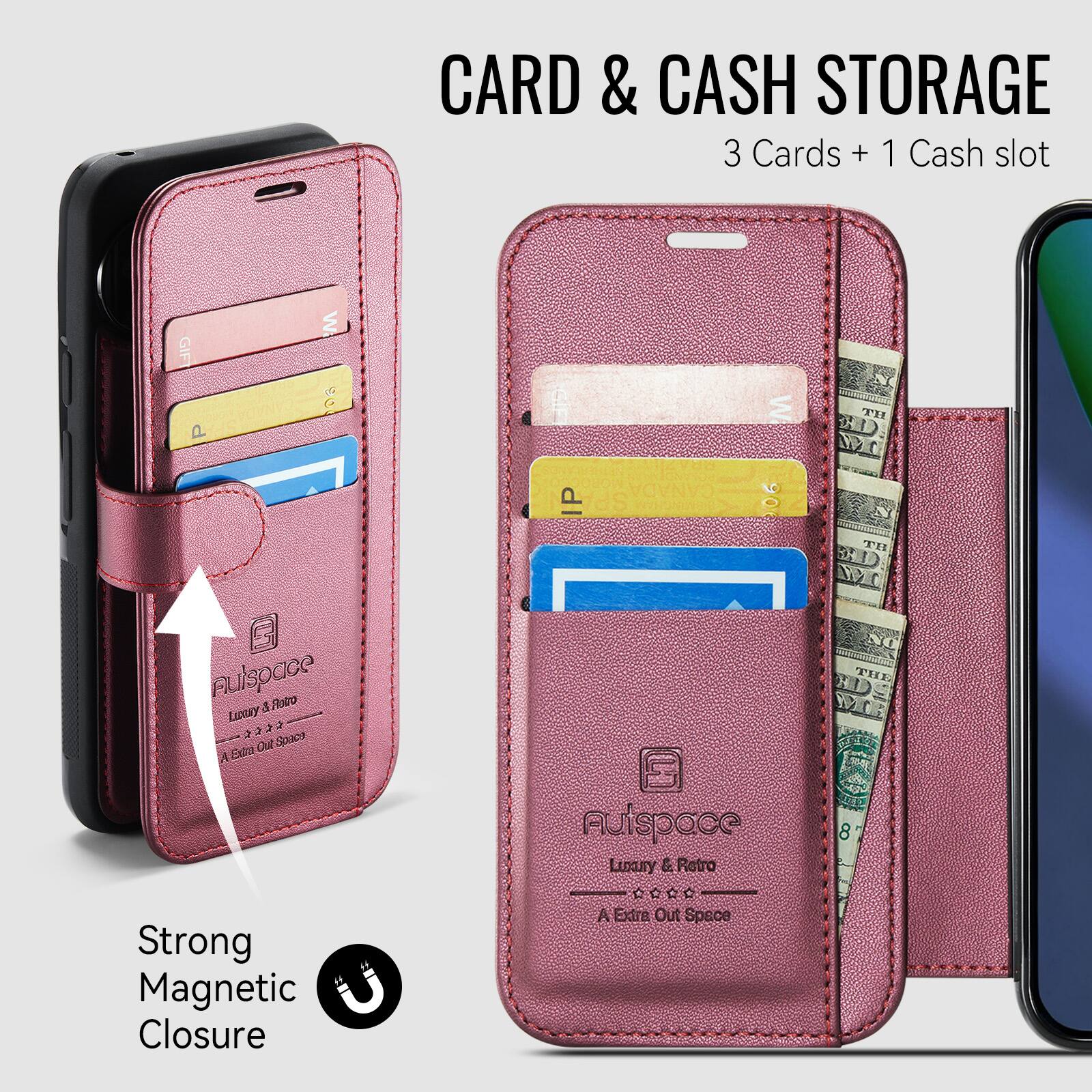 CARD & CASH STORAGE  
3 Cards + 1 Cash slot

W GIFT P Aulspace a 045g Luxuy 22 Out Space Edita

SALE P

W

TH BID: MI N TH BRLD MPIC NO THE MB DS

Strong Magnetic Closure

Ruispace Luxury & Retro **** A-Extra Out Space
