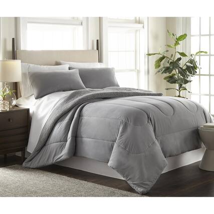 Front. Shavel Home Products - Micro Flannel Reverse to Sherpa Comforter Set, King, Greystone - Greystone.