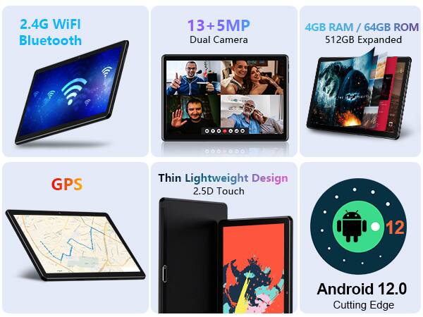 2.4G WiFI Bluetooth, 13 + 5MP Dual Camera, 4GB RAM / 64GB ROM 512GB Expanded, GPS, Thin Lightweight Design 2.5D Touch, 12 Android 12.0 Cutting Edge