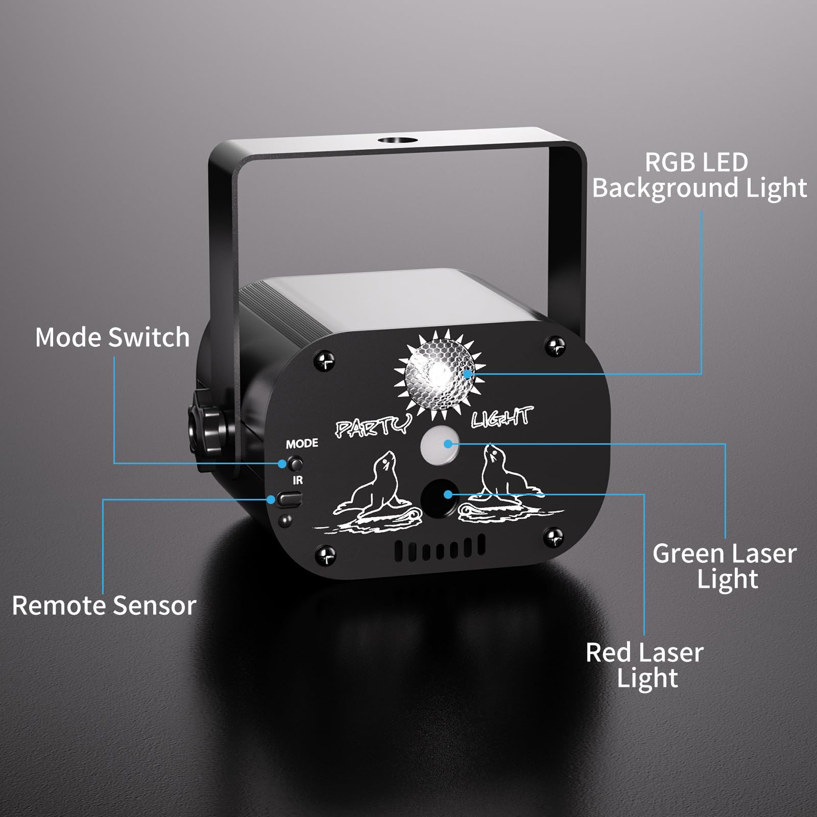 - RGB LED Background Light
- Mode Switch
- Remote Sensor
- Green Laser Light
- Red Laser Light
- PARTY LIGHT