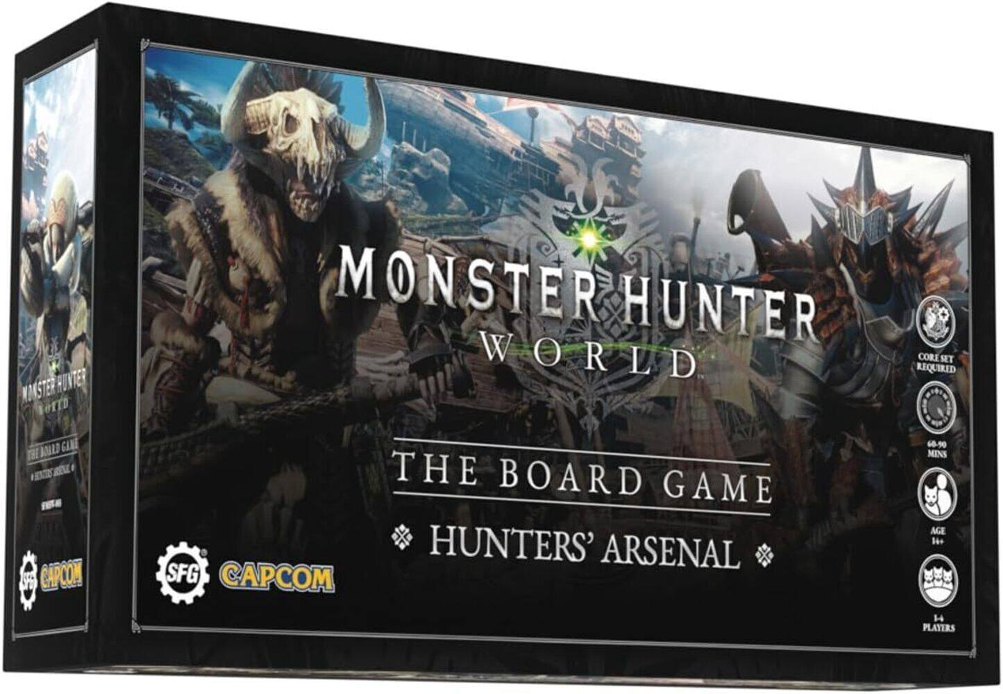MONSTER HUNTER WORLD  
THE BOARD GAME  
HUNTERS' ARSENAL  

CORE SET REQUIRED  

CAPCOM  
SFG  

68-90 MINS  
AGE 14+  
1-4 PLAYERS