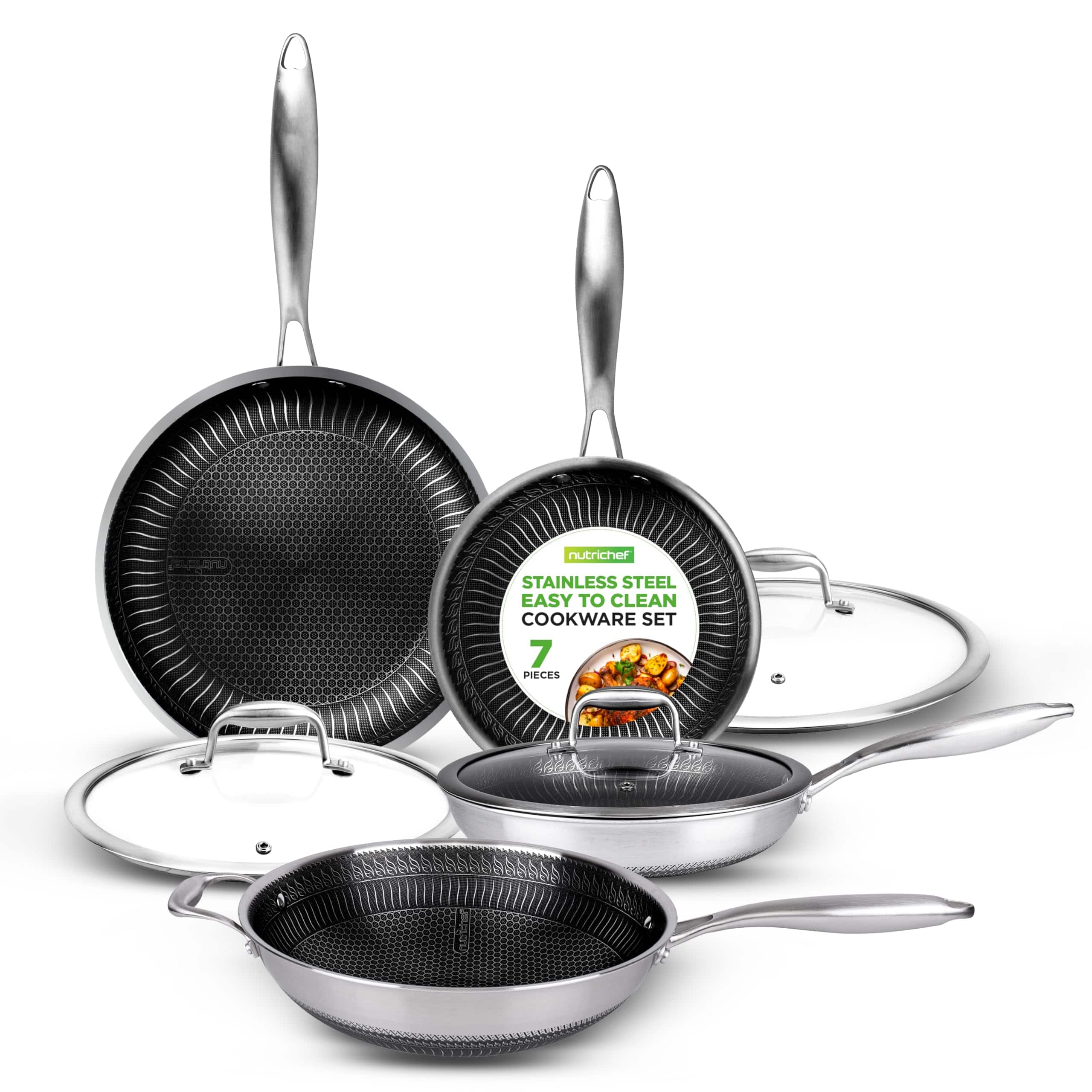 NutriChef - 7-Piece Tri-Ply Frying Pan Set & Wok, Induction Compatible, Oven Safe (NC3PLY7S) - Stainless Steel
