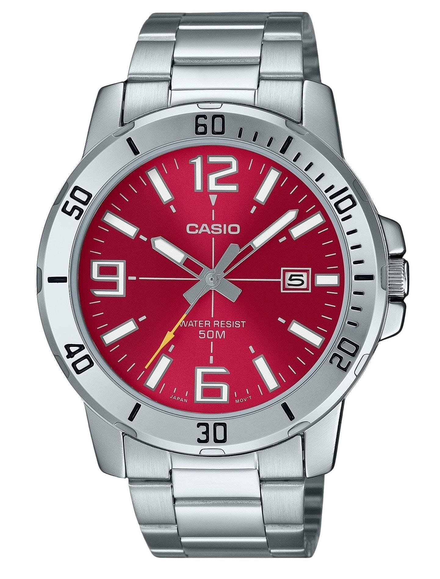 Casio - Standard Analog Quartz MTP-VD01D-4BV Stainless Steel Red Dial Men's Watch 50M - Silver, Red