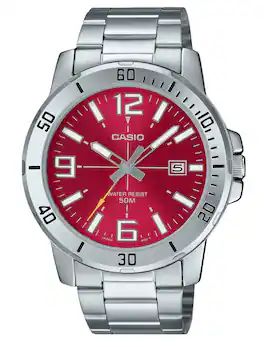 Casio - Standard Analog Quartz MTP-VD01D-4BV Stainless Steel Red Dial Men's Watch 50M - Silver, Red