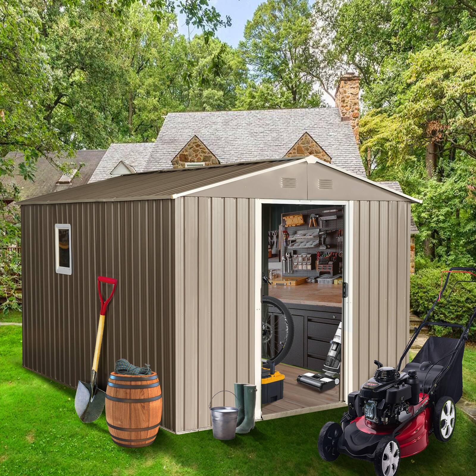 Angle. Mondawe - 10ft x 8ft Outdoor Metal Storage Shed with Metal Floor Base and Window - Grey.