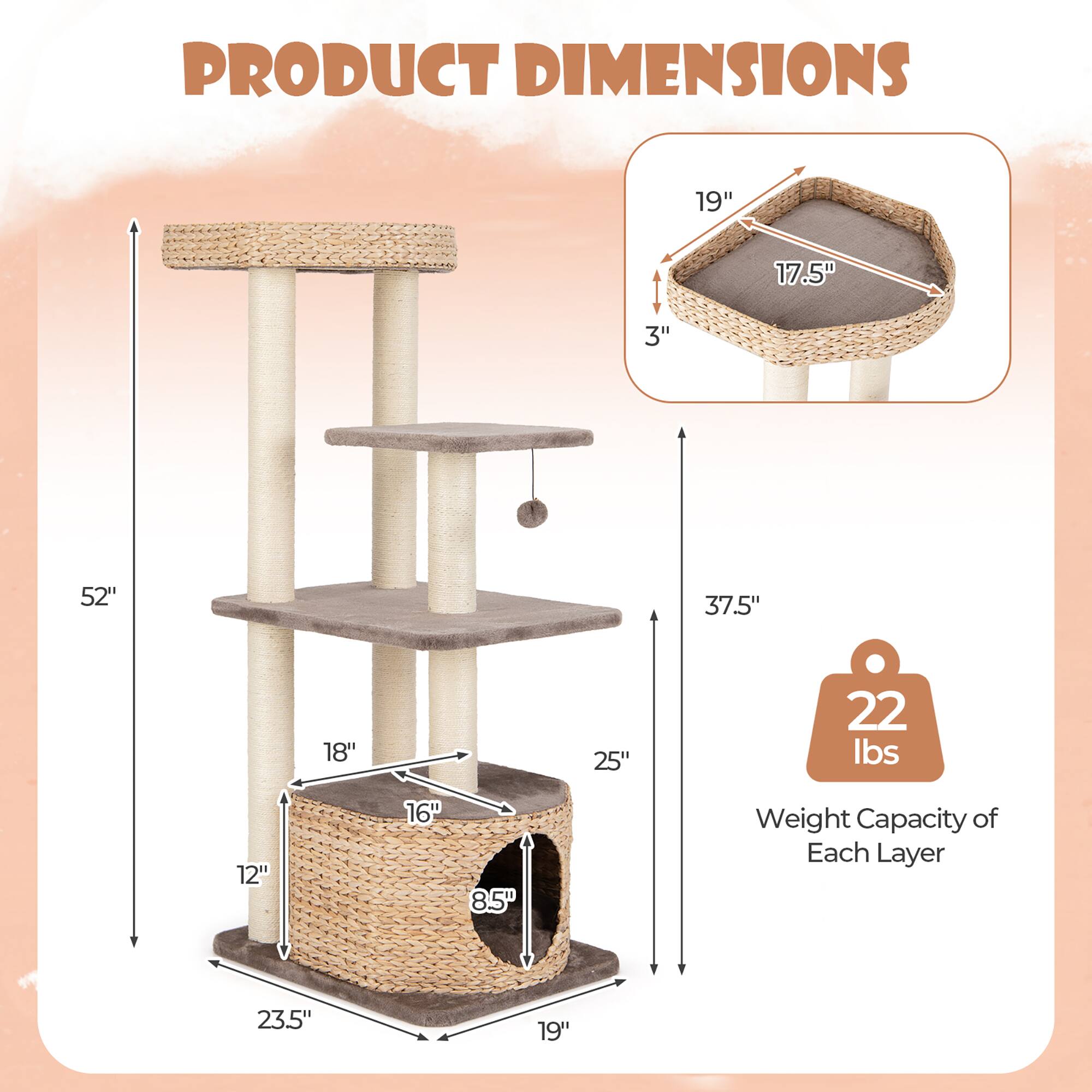 PRODUCT DIMENSIONS

- Height: 52"
- Width: 23.5"
- Depth: 19"
- Top Platform: 18" x 16"
- Middle Platform: 12" x 8.5"
- Bottom Platform: 19" x 17.5"
- Weight Capacity of Each Layer: 22 lbs