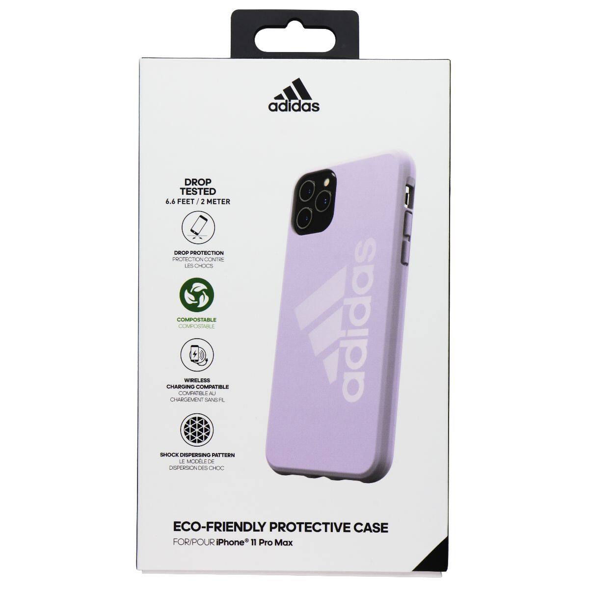adidas DROP TESTED 6.6 FEET / 2 METER DROP PROTECTION PROTECTION CONTRE LES CHOCS COMPOSTABLE COMPATIBLE WIRELESS CHARGING COMPATIBLE AL CHARGEMENT SANS FIL SHOCK DISPERSING PATTERN LE MODELE DE DISPERSION DES CHOCS adidas ECO-FRIENDLY PROTECTIVE CASE FOR/POUR iPhone 11 Pro Max