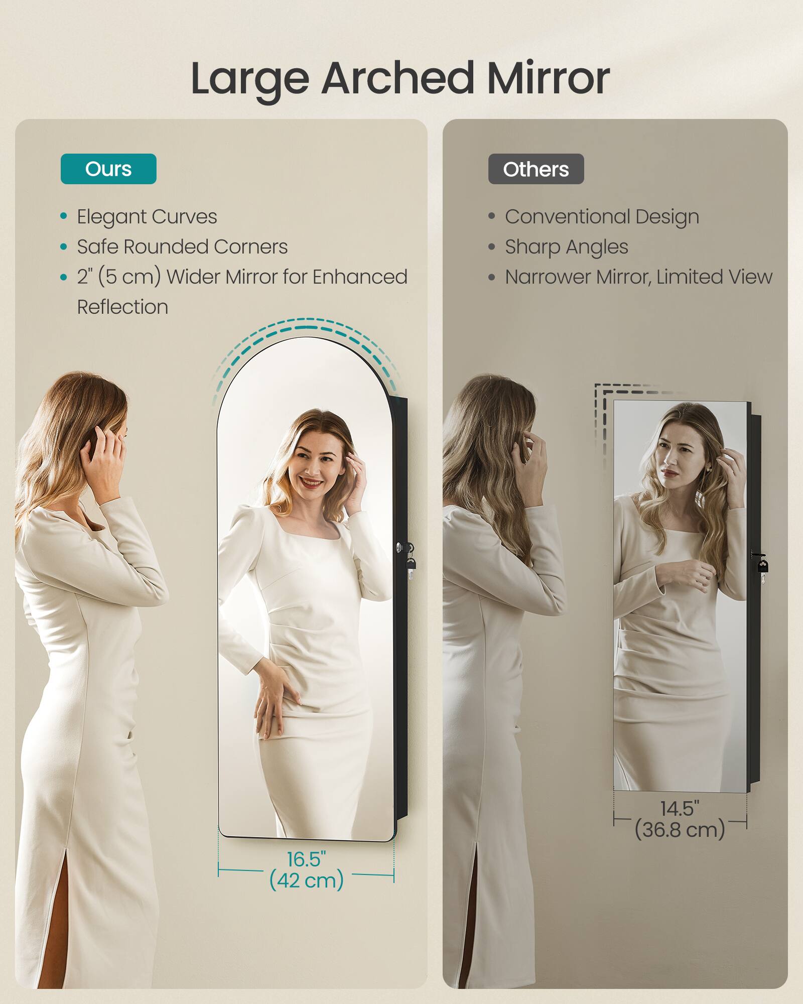 Large Arched Mirror

Ours
- Elegant Curves
- Safe Rounded Corners
- 2" (5 cm) Wider Mirror for Enhanced Reflection

Others
- Conventional Design
- Sharp Angles
- Narrower Mirror, Limited View

16.5" (42 cm)
14.5" (36.8 cm)