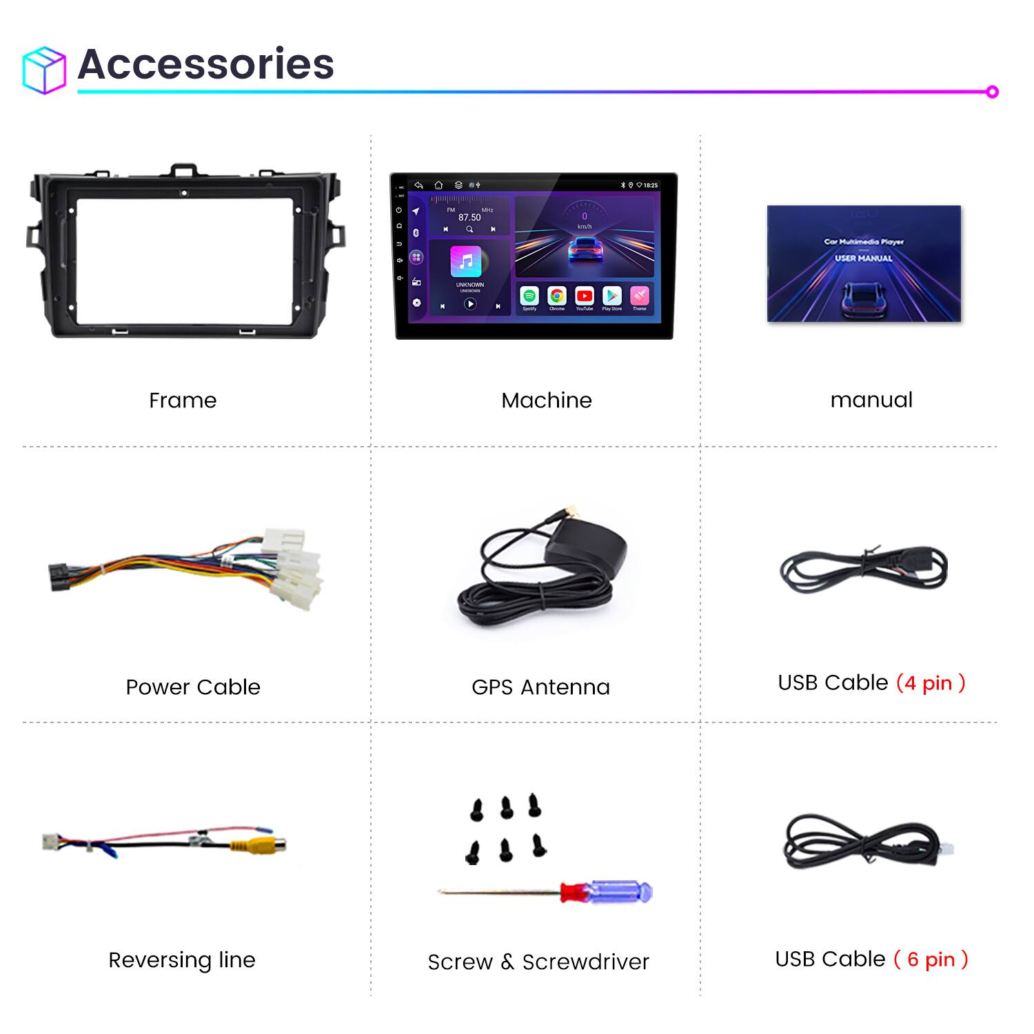 Accessories

- Frame
- Machine
- Manual
- Power Cable
- GPS Antenna
- USB Cable (4 pin)
- Reversing Line
- Screw & Screwdriver
- USB Cable (6 pin)