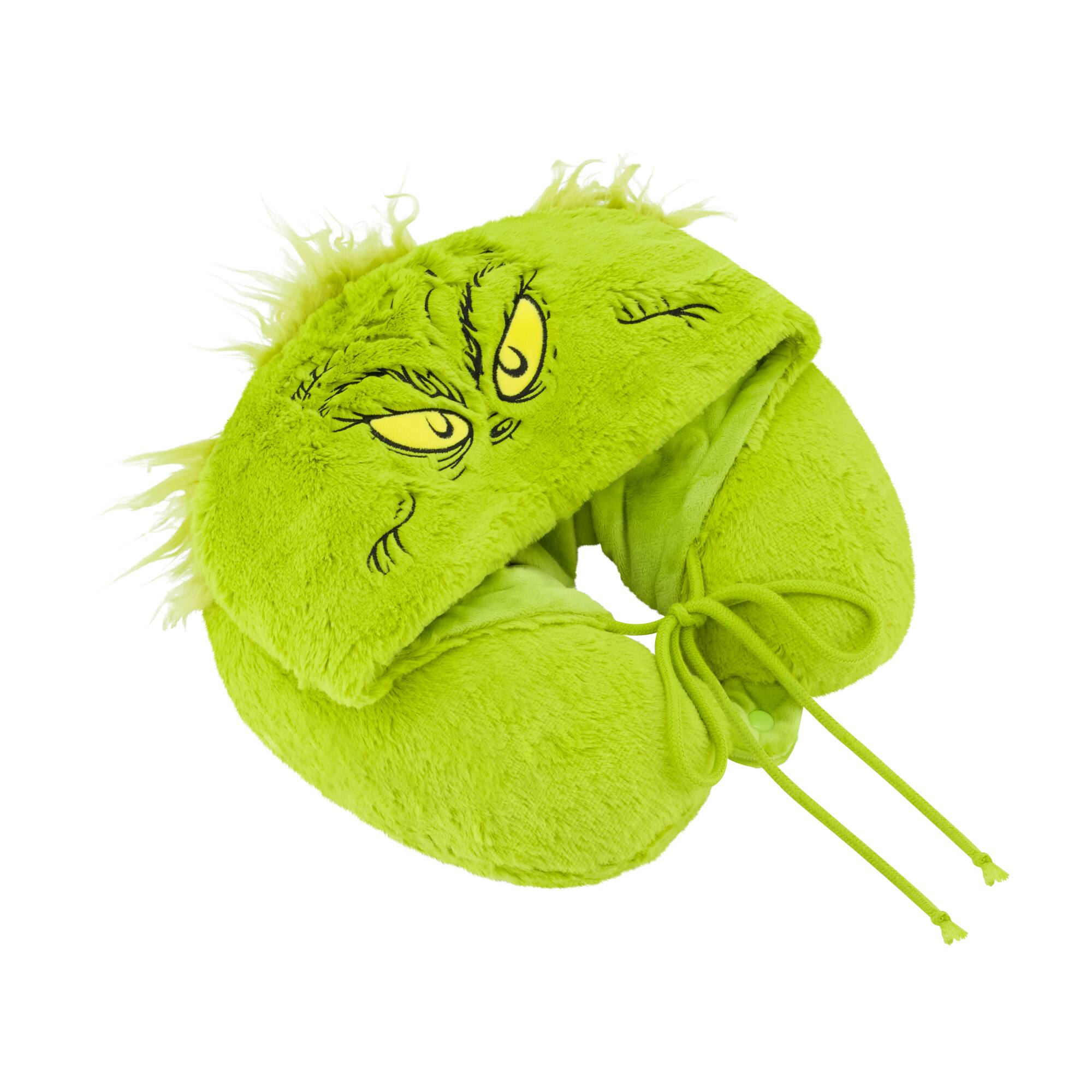 Angle. Concept One - Grinch Face Hooded Fur Neck Pillow - GREEN.
