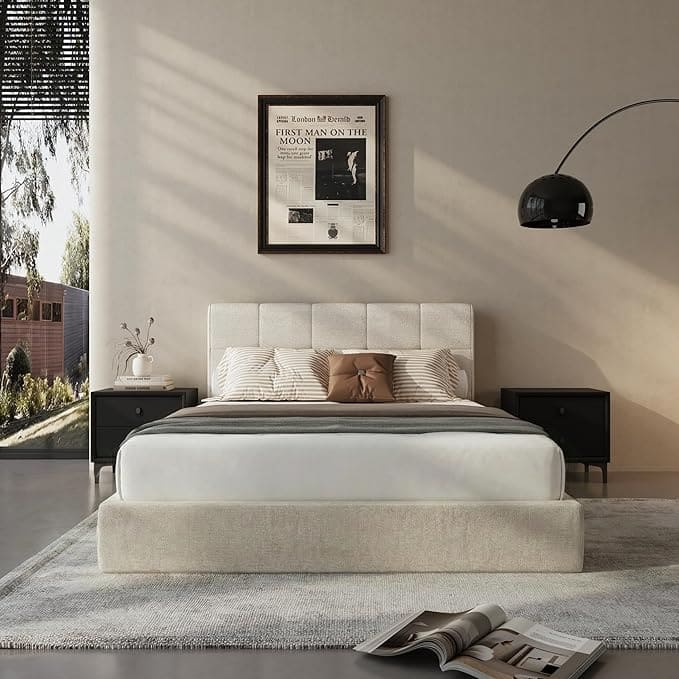 Acanva - Full-Foam Queen Bed Frame with Headboard, Low Profile Cloud Bed Frame, Noise-Free Chenille Upholstered Bedframe - White