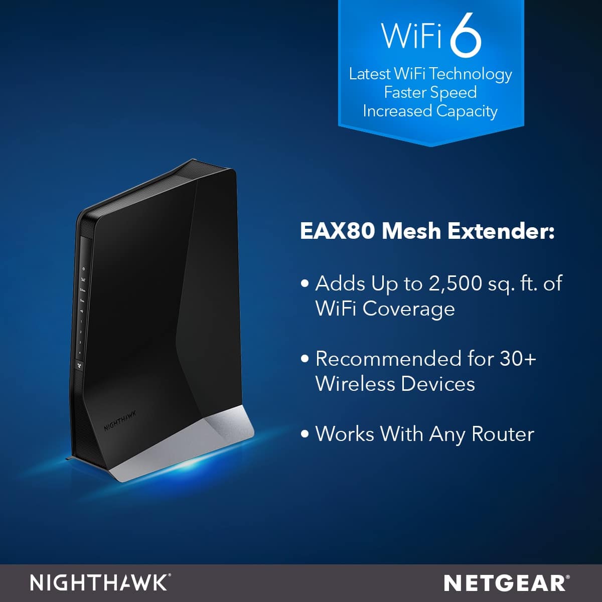 The image features a WiFi 6 Mesh Extender from Netgear, which is the latest WiFi technology with faster speed and increased capacity. The device is designed to add up to 2,500 sq. ft. of WiFi coverage, making it recommended for use with 30+ wireless devices. The extender works with any router and is a Nighthawk product, ensuring reliable and efficient connectivity for all devices.