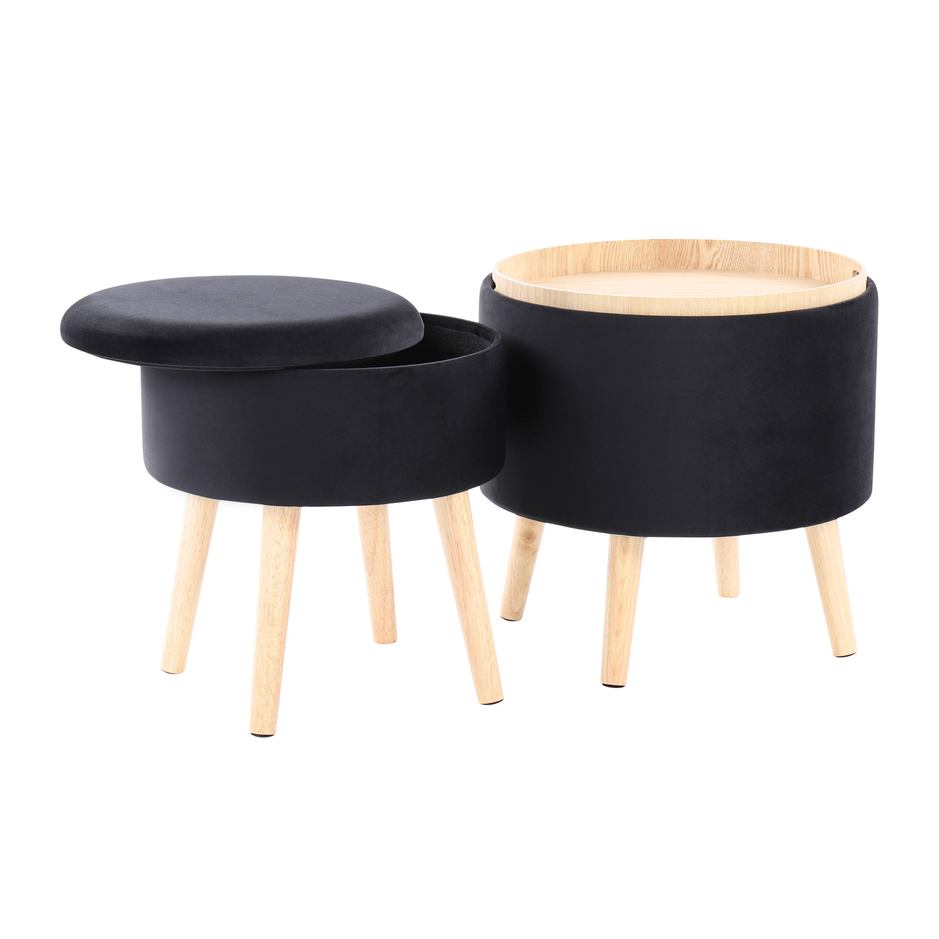 Left. Tiramisubest - Tray Contemporary Storage Ottoman with Matching Stool in Black Velvet and Natural Wood Legs by LumiSource - Black.