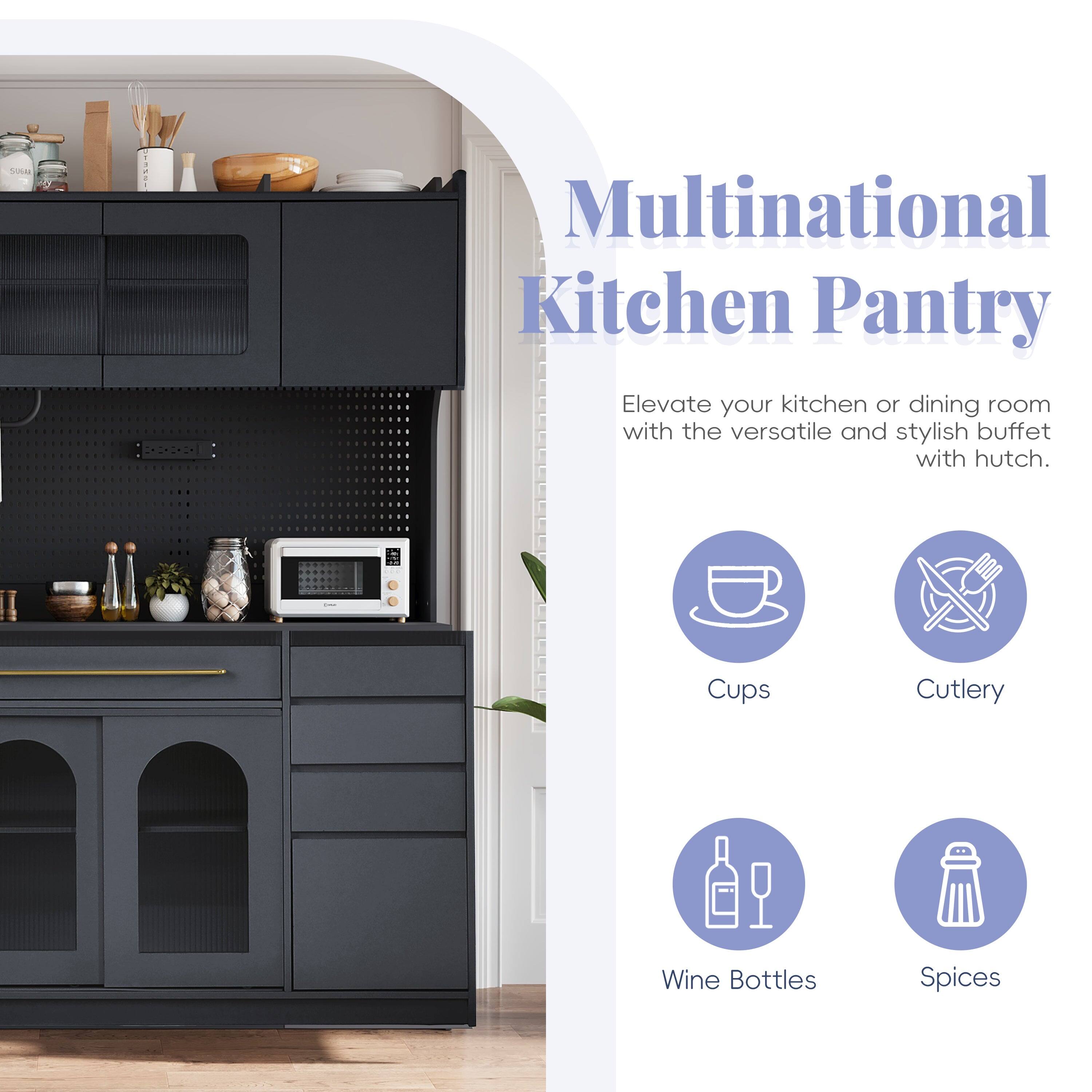 Multinational Kitchen Pantry

Elevate your kitchen or dining room with the versatile and stylish buffet with hutch.

- Cups
- Cutlery
- Wine Bottles
- Spices