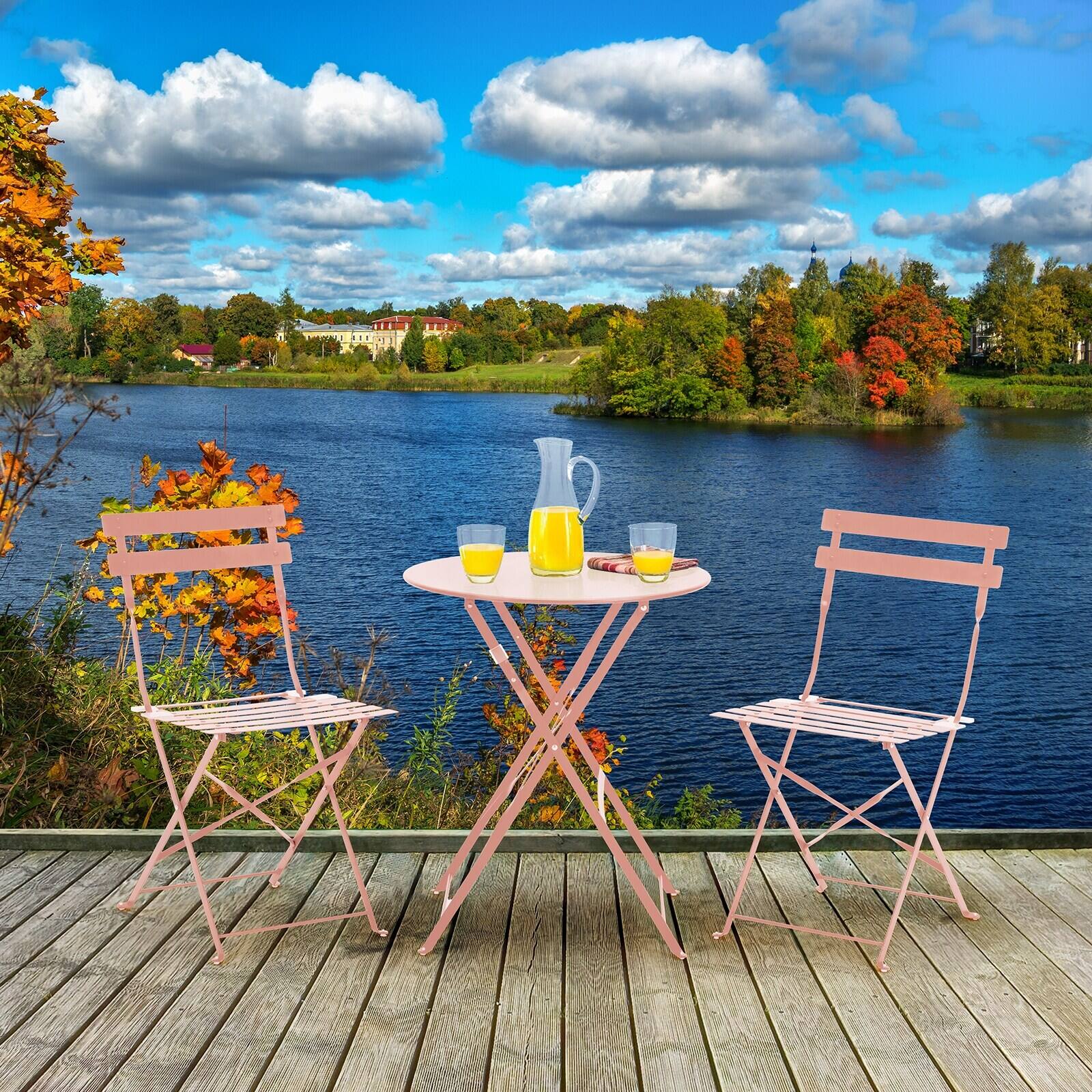 Alt View 5. U-HOMY - Foldable 3-Piece Outdoor Bistro Set – Rust-Resistant Patio Table and Chairs, Lightweight for Balcony Use - Pink.