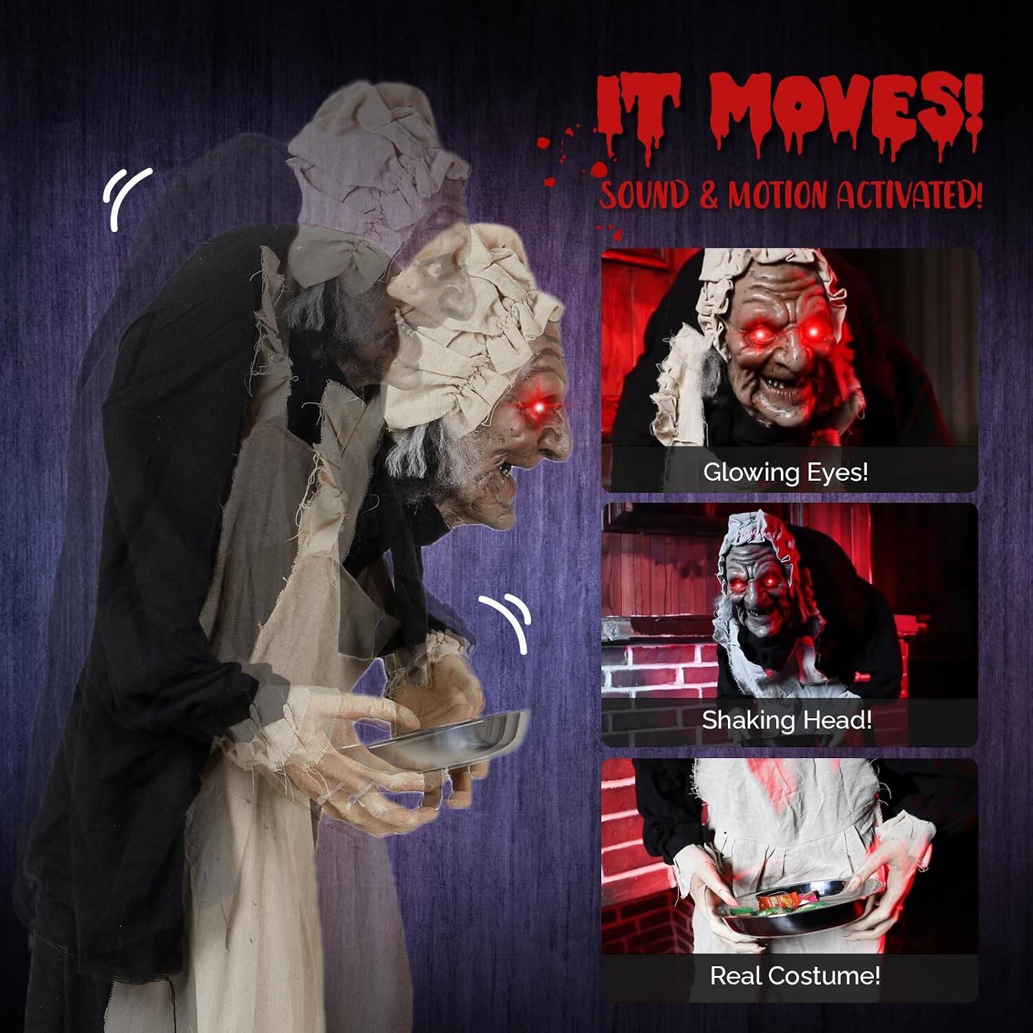 IT MOVES!  
SOUND & MOTION ACTIVATED!  
Glowing Eyes!  
Shaking Head!  
Real Costume!