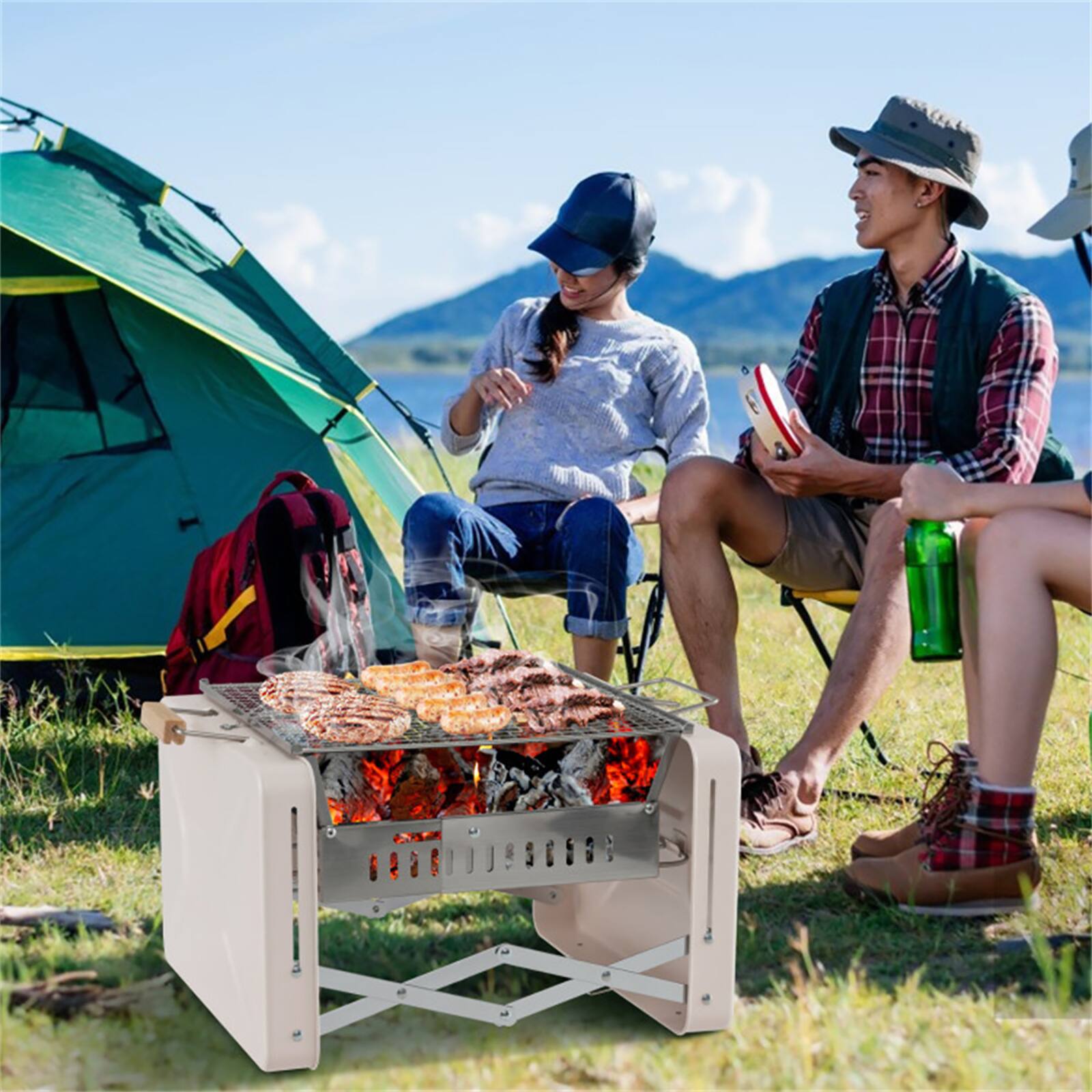 Alt View 1. Chateau Abodes - Portable Folding Charcoal Grill with 2 Stainless Steel Nets, Charcoal Box & Insulated Wood Handle - Beige.