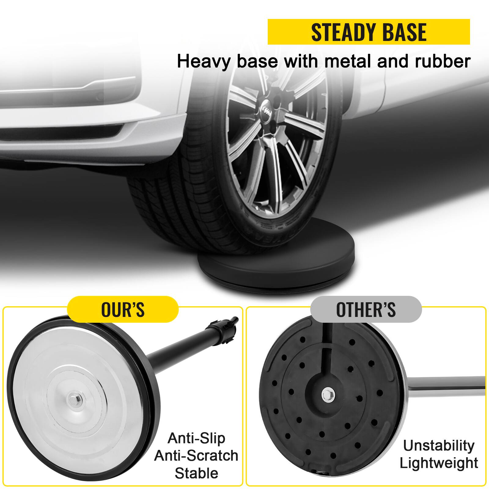 STEADY BASE  
Heavy base with metal and rubber  

OUR'S  
Anti-Slip  
Anti-Scratch  
Stable  

OTHER'S  
Unstability  
Lightweight