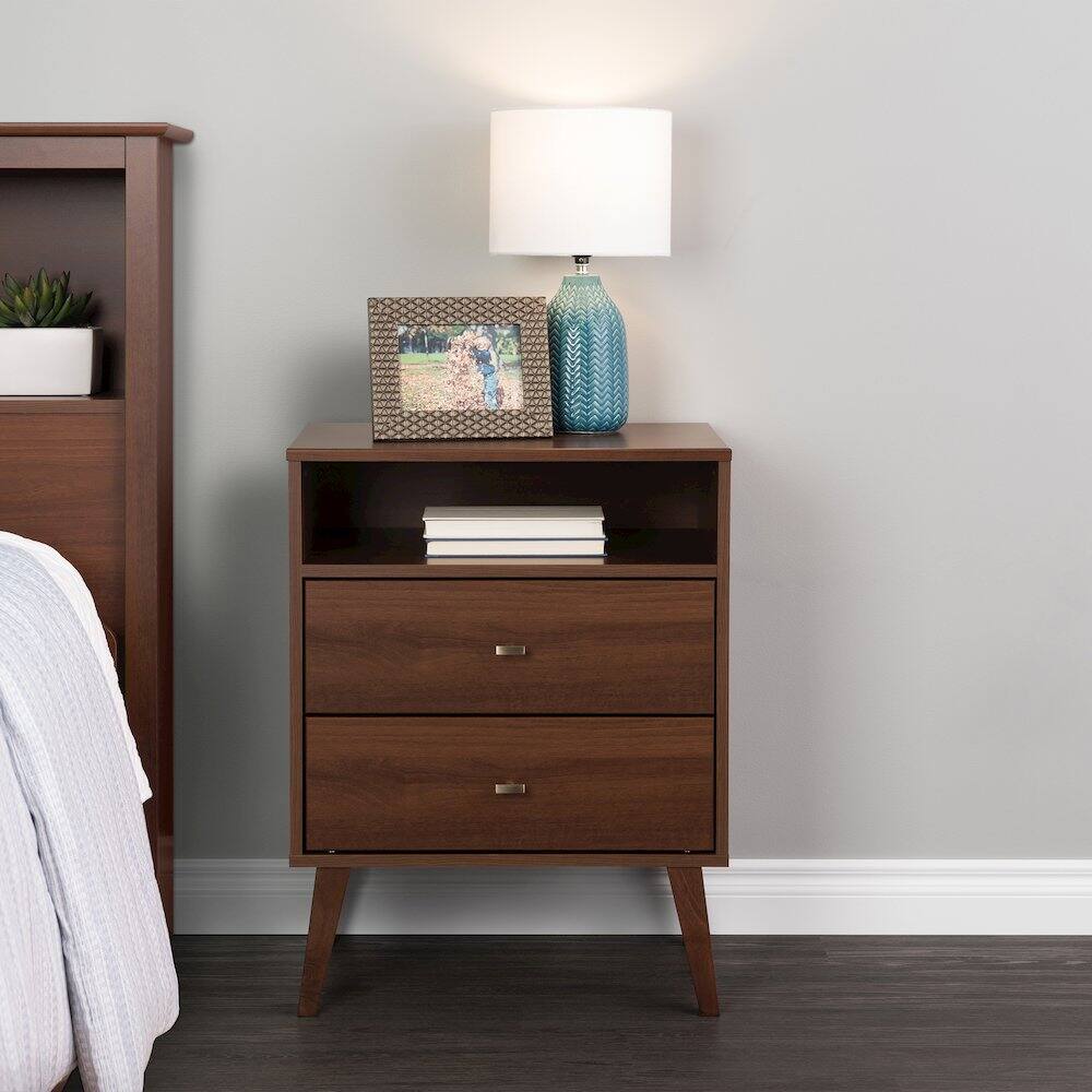 Left. Prepac - Milo 2-drawer Tall Nightstand with Open Shelf, Cherry - Cherry.