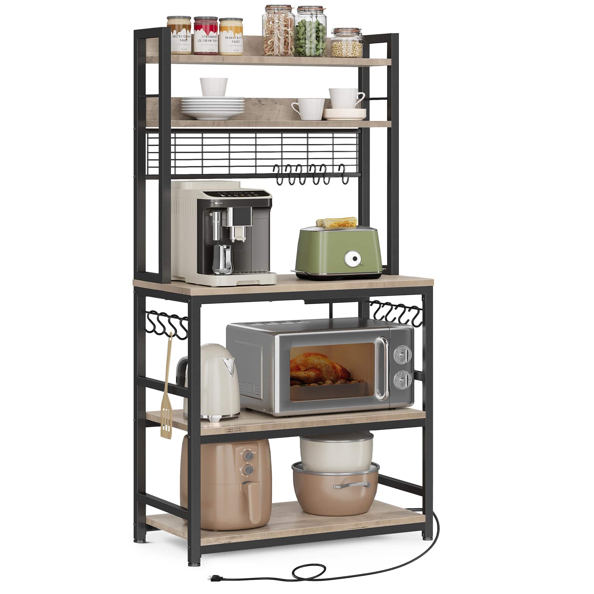 Songmics Home - Hutch Bakers Rack with Power Outlet – 14-Hook Microwave Stand and Adjustable Coffee Bar -Black - Greige