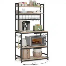 Songmics Home - Hutch Bakers Rack with Power Outlet – 14-Hook Microwave Stand and Adjustable Coffee Bar -Black - Greige