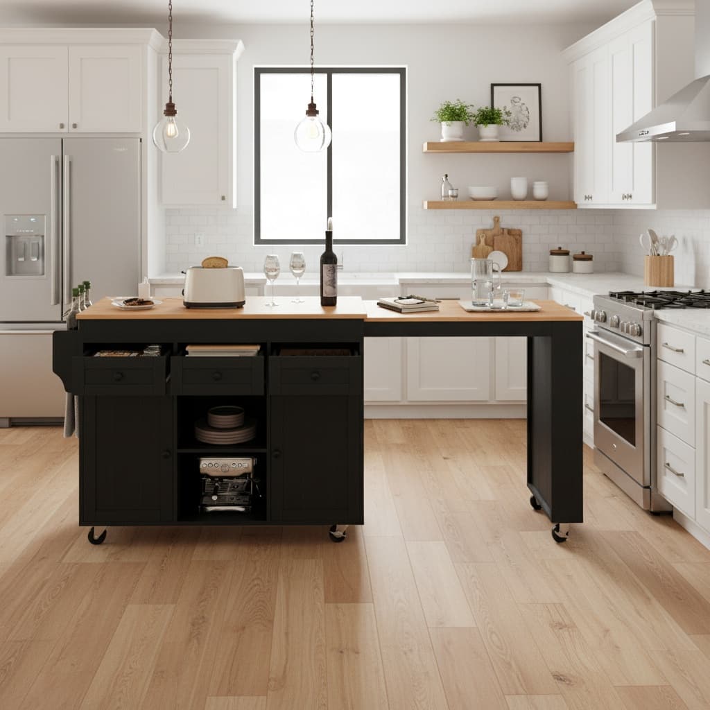 Forest'nSky - 85.5 inch Kitchen Island with Extendable Dining Table and Power Outlet with 3 Drawers, 2 Doors & Side Shelves - Black