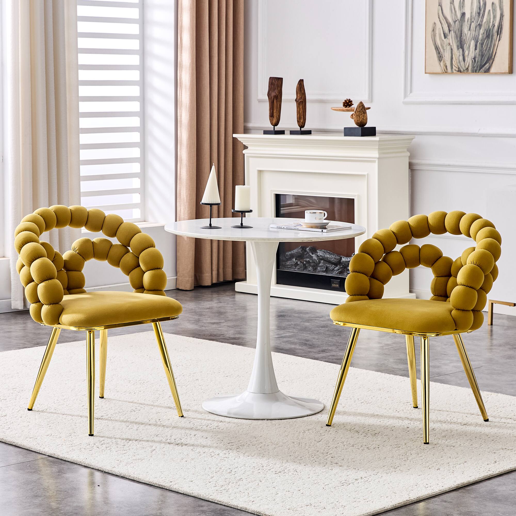 Angle. Loheer - Loheer Yellow Velvet Dining Chairs Set of 2, Bubble Back Accent Seating with Gold Legs for Kitchen, 1.92 ft - Gold,Yellow.