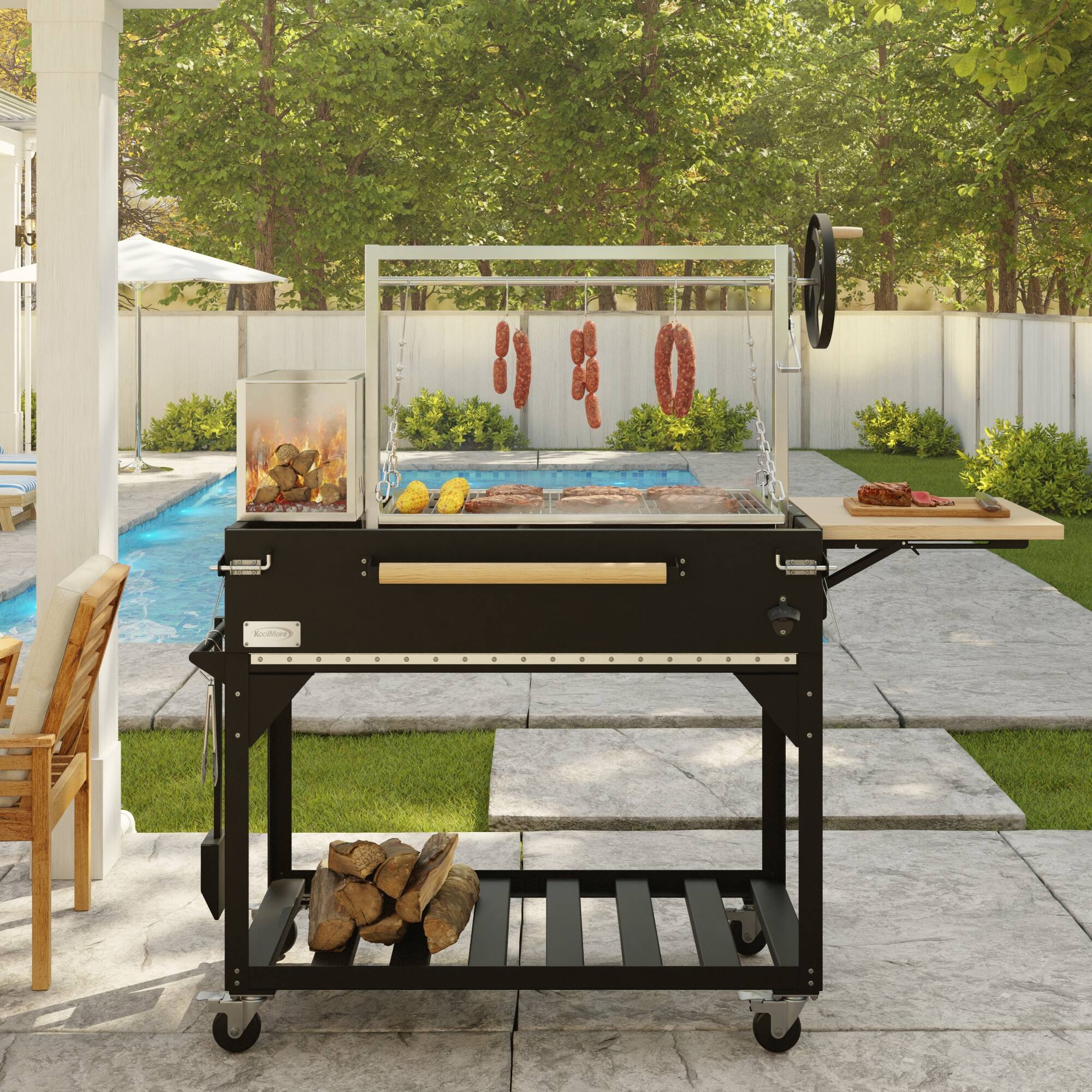 Left. Koolmore - 72 in. Argentine Santa Maria Charcoal and Wood Grill, Adjustable Outdoor BBQ, in Black (KM-OG-AW-72) - Black.
