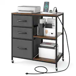 Gymax - 3 Drawer Mobile File Cabinet w/ Charging Station Storage Cabinet on Wheels - Brown