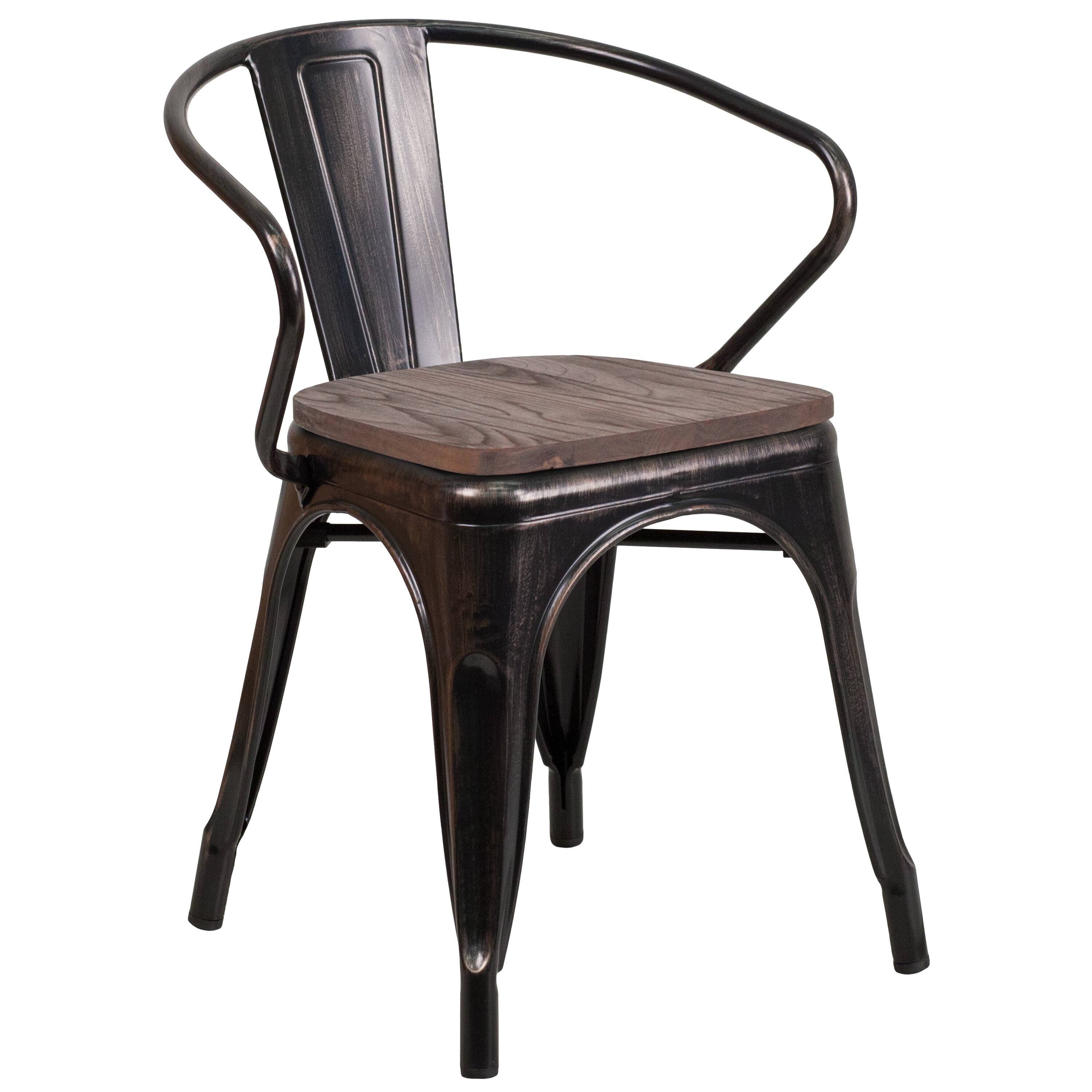 Alt View 1. Emma + Oliver - Metal Chair with Wood Seat and Arms - Black-Antique Gold.