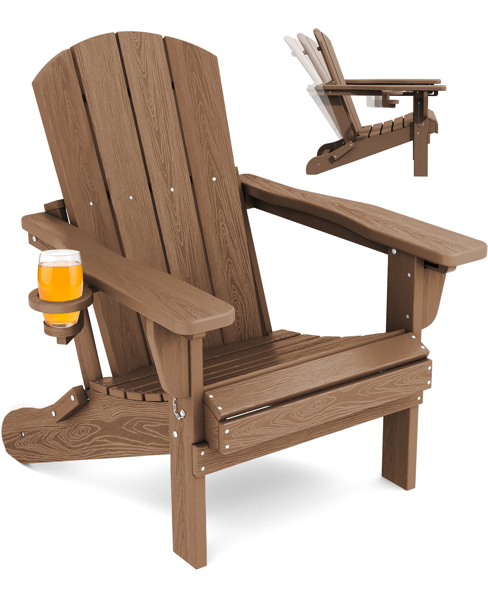 SERWALL - Adjustable Folding Adirondack Chair with 3 Recline Positions, All Weather HDPE Patio Chair with Cup Holder - Brown