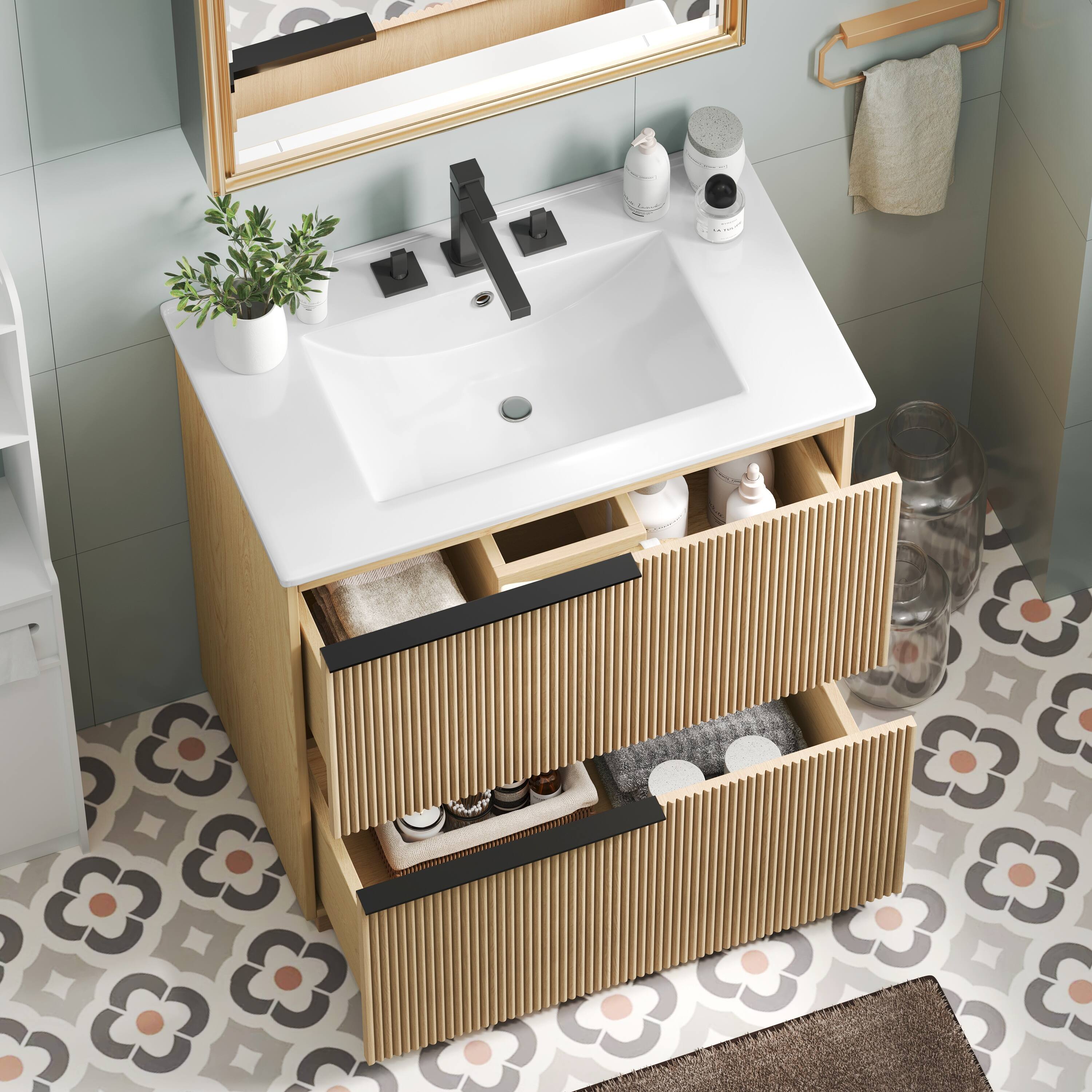 Back. Loheer - 2.5 ft Bathroom Vanity with Ceramic Sink and Soft-Close Drawers - Natural.