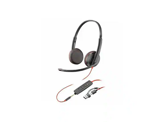 Front. HP - Poly Blackwire 3225 USB-C Stereo Headset w/ 3.5mm & Adapters - Red.