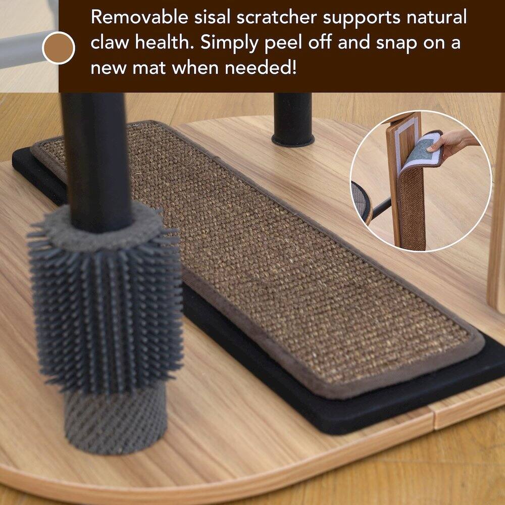 Removable sisal scratcher supports natural claw health. Simply peel off and snap on a new mat when needed!