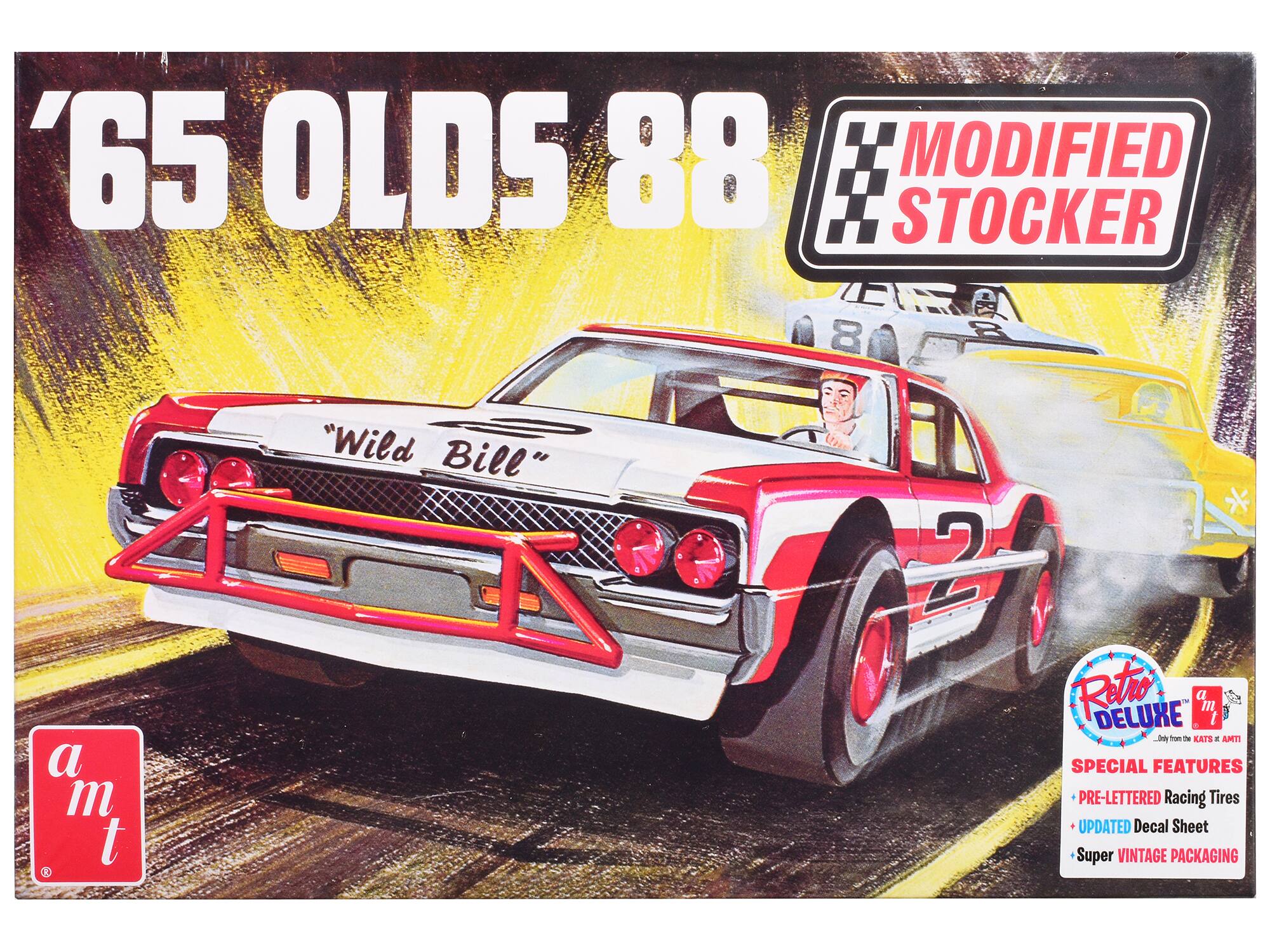 '65 OLDS 88  
MODIFIED STOCKER  
"Wild Bill"  
2  

Retro DELUXE  
SPECIAL FEATURES  
- PRE-LETTERED Racing Tires  
- UPDATED Decal Sheet  
- Super VINTAGE PACKAGING  

a m t