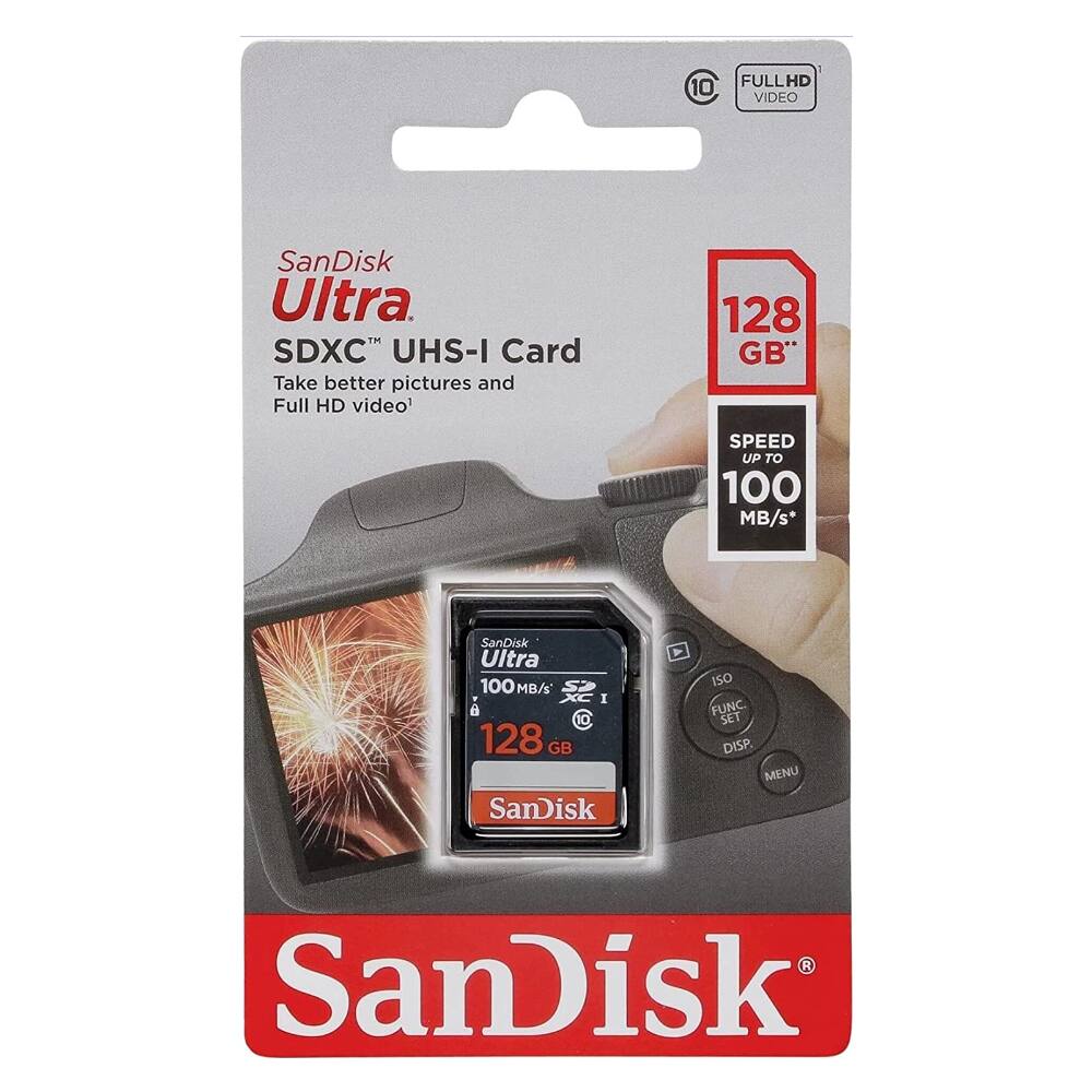10 FULL HD VIDEO  
SanDisk Ultra SDXC UHS-I Card  
Take better pictures and Full HD video  
128 GB  
SPEED UP TO 100 MB/s*  
SanDisk Ultra 100 MB/s  
128 GB  
SanDisk ISO FUNC. SET DISP. MENU R